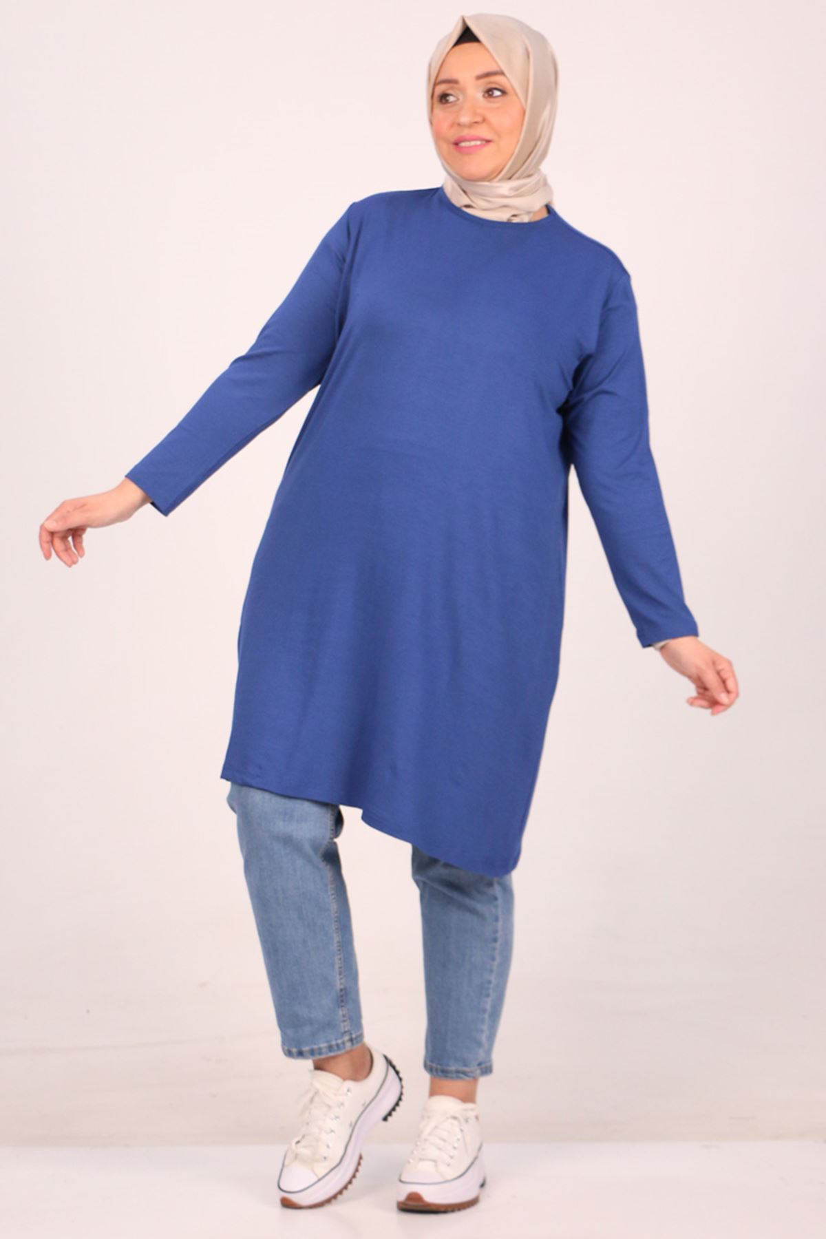 38501 Büyük Beden Basic Penye Tunik - İndigo