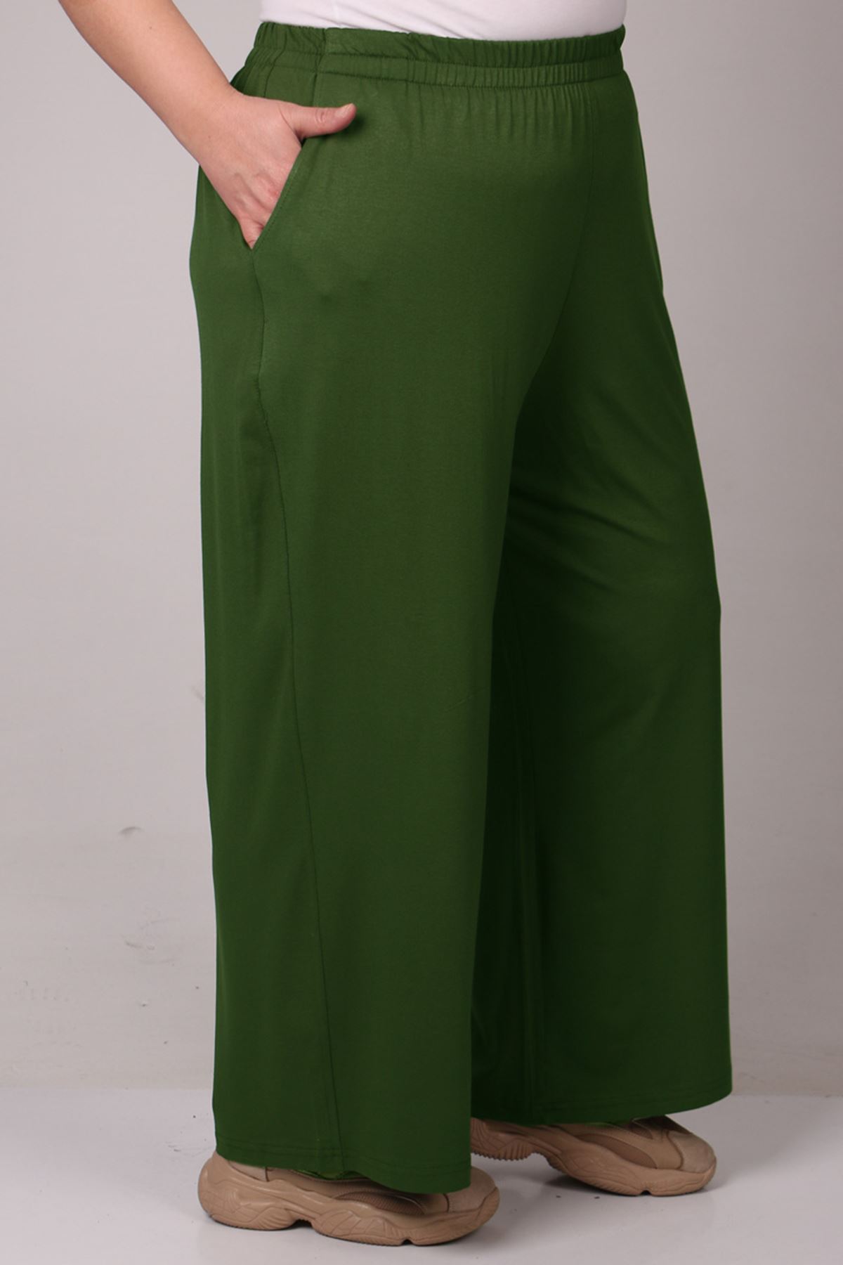 39000 Büyük Beden Yüksek Beli Lastikli Bol Paça Penye Pantolon - Haki