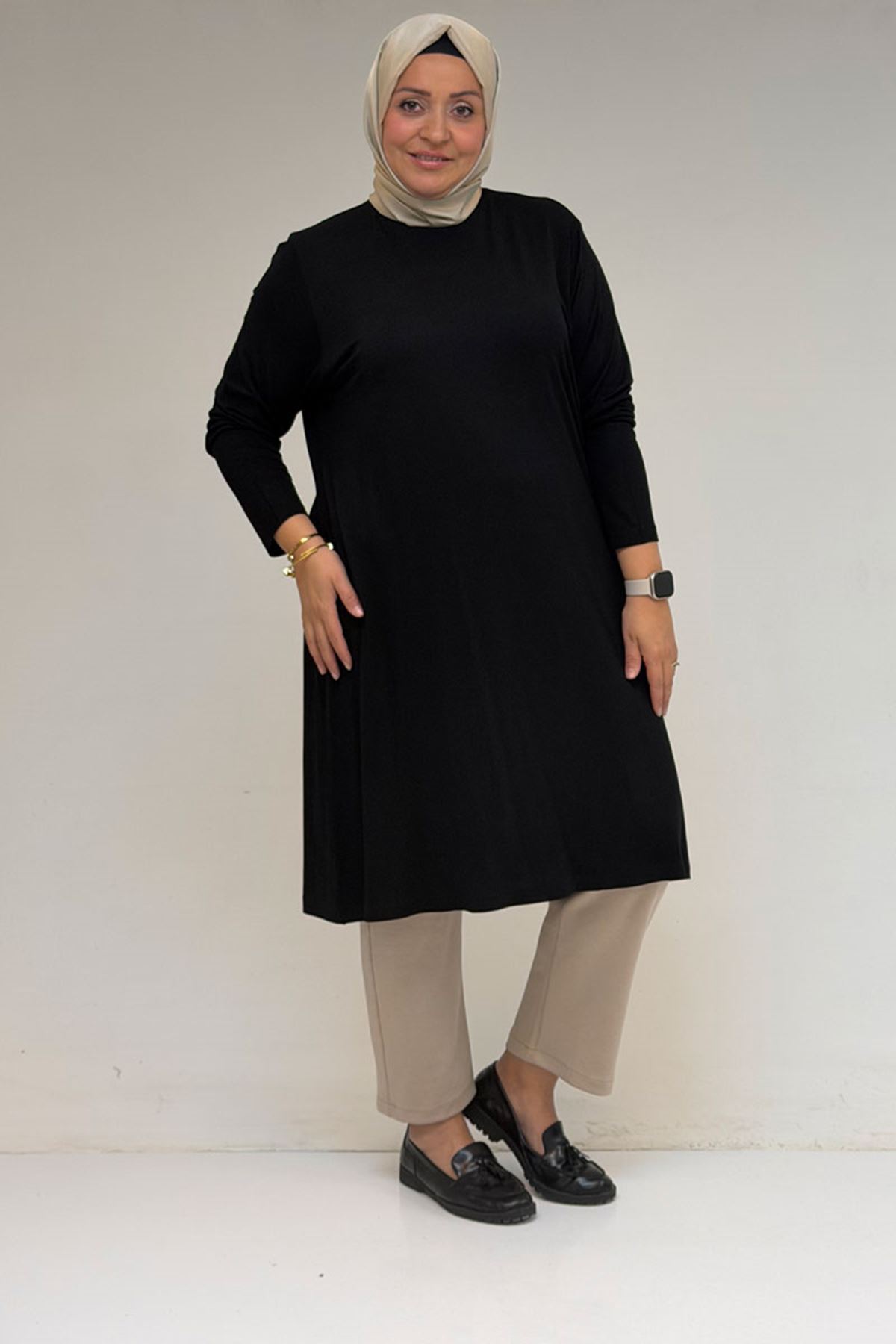 38501 Büyük Beden Basic Penye Tunik -  Siyah