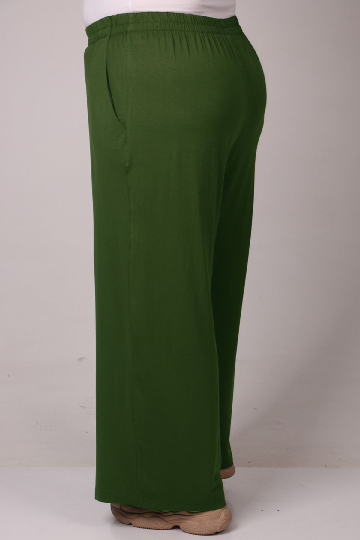 39000 Büyük Beden Yüksek Beli Lastikli Bol Paça Penye Pantolon - Haki
