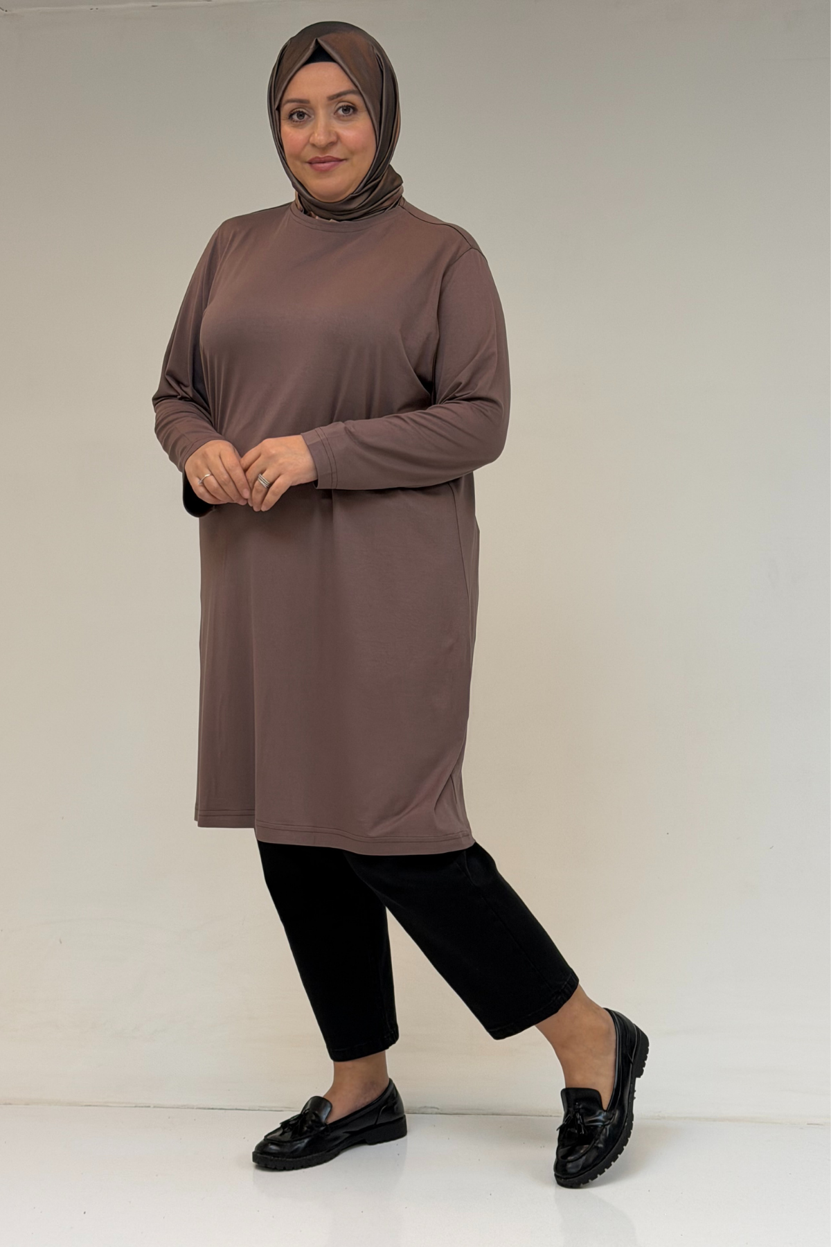 38501 Büyük Beden Basic Penye Tunik - Vizon