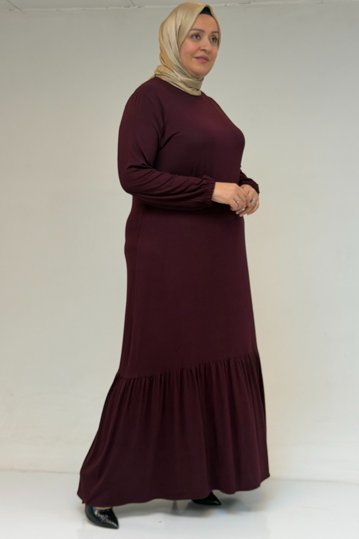 52034 Büyük Beden Eteği Fırfrılı Penye Elbise - Bordo