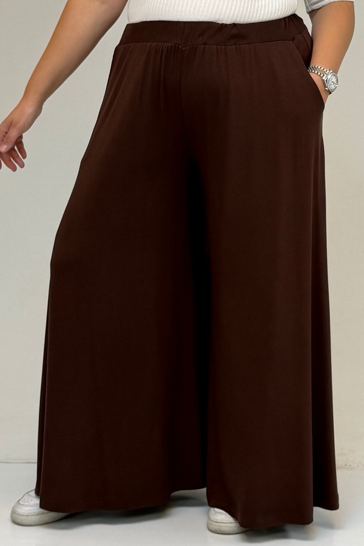 49003 Büyük Beden Beli Lastikli Penye Etek Pantolon - Kahve
