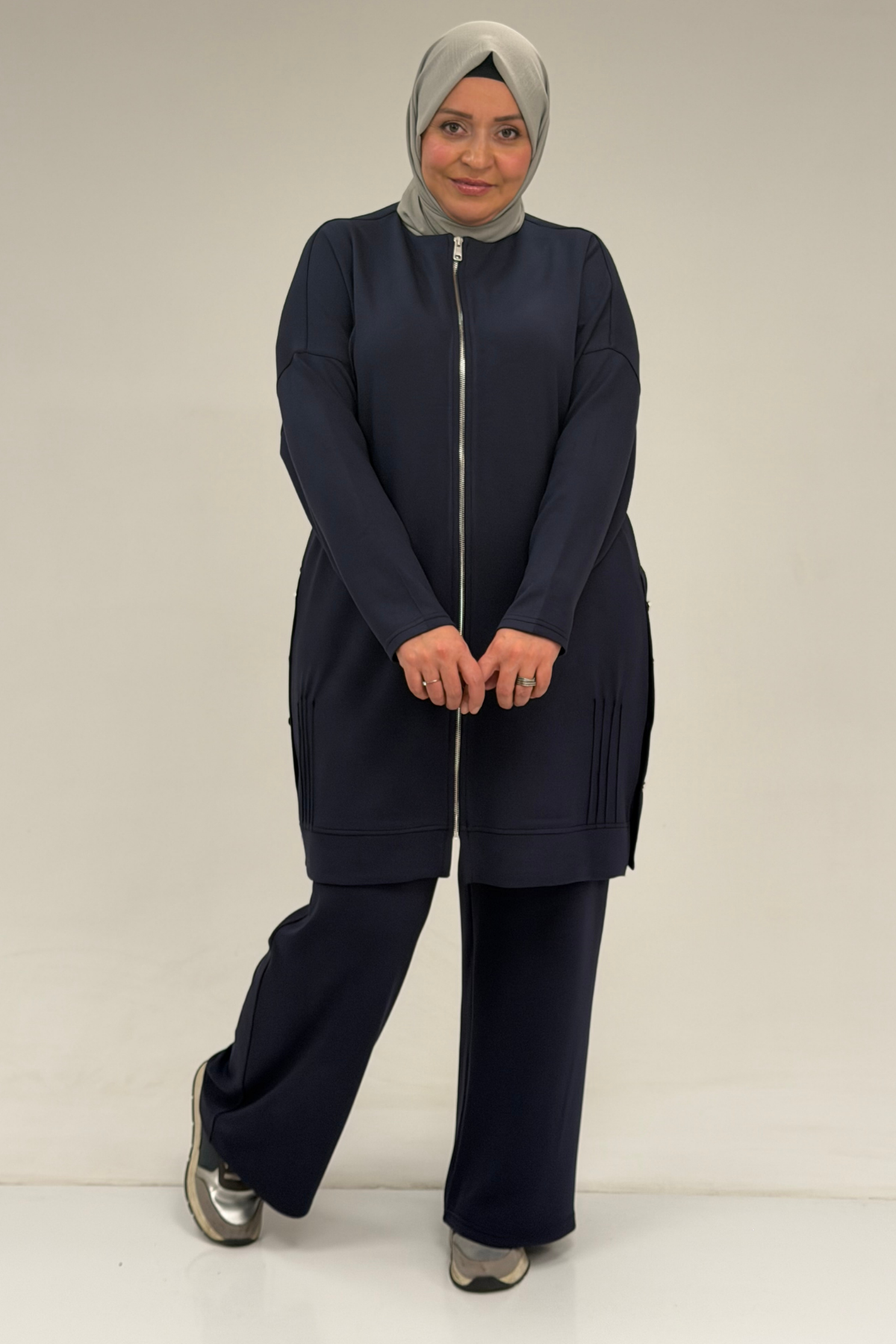 47090 Büyük Beden Pile Detaylı Modal Pantolonlu Takım - Lacivert