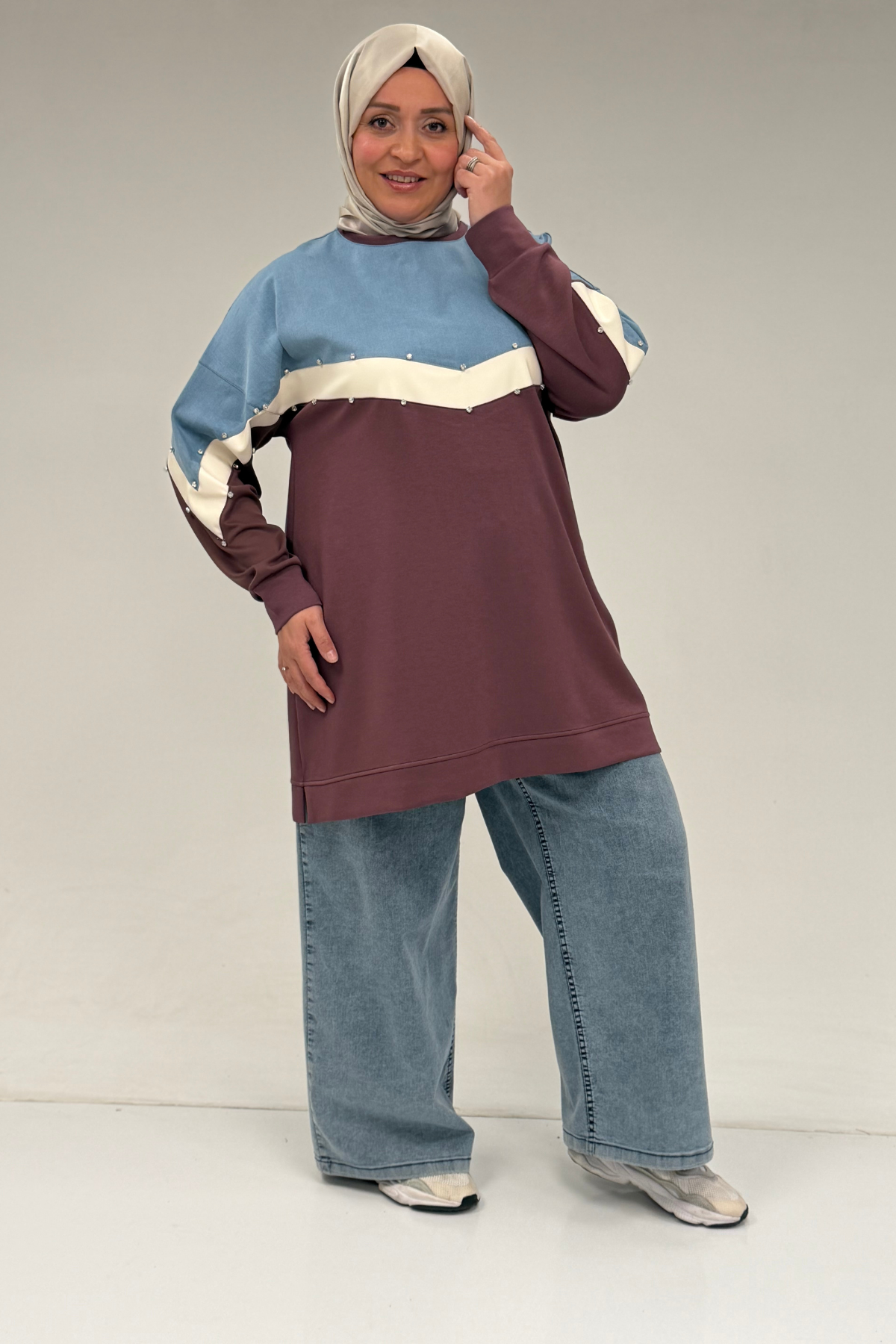 58084 Büyük Beden Parçalı Taş Detaylı Modal Tunik - Gül Kurusu