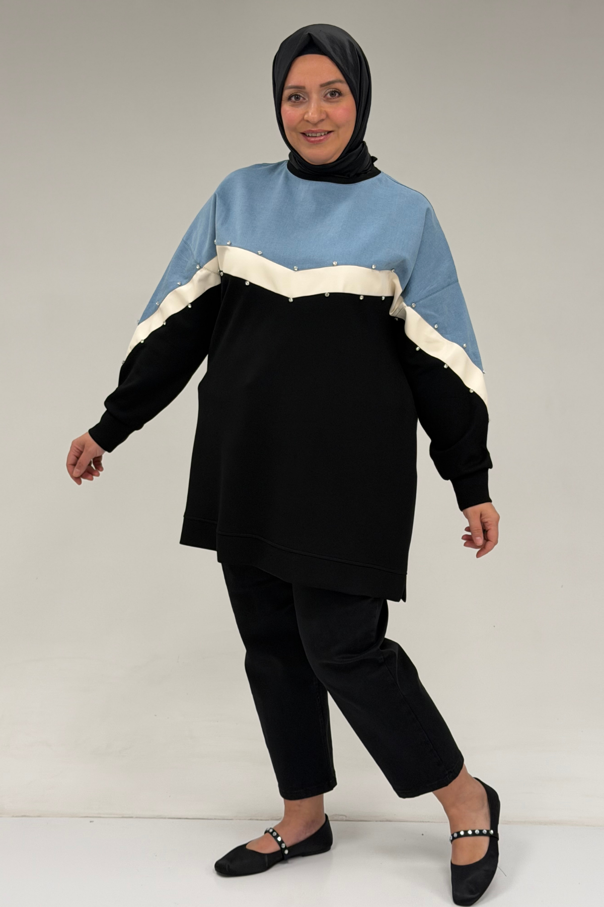 58084 Büyük Beden Parçalı Taş Detaylı Modal Tunik - Siyah