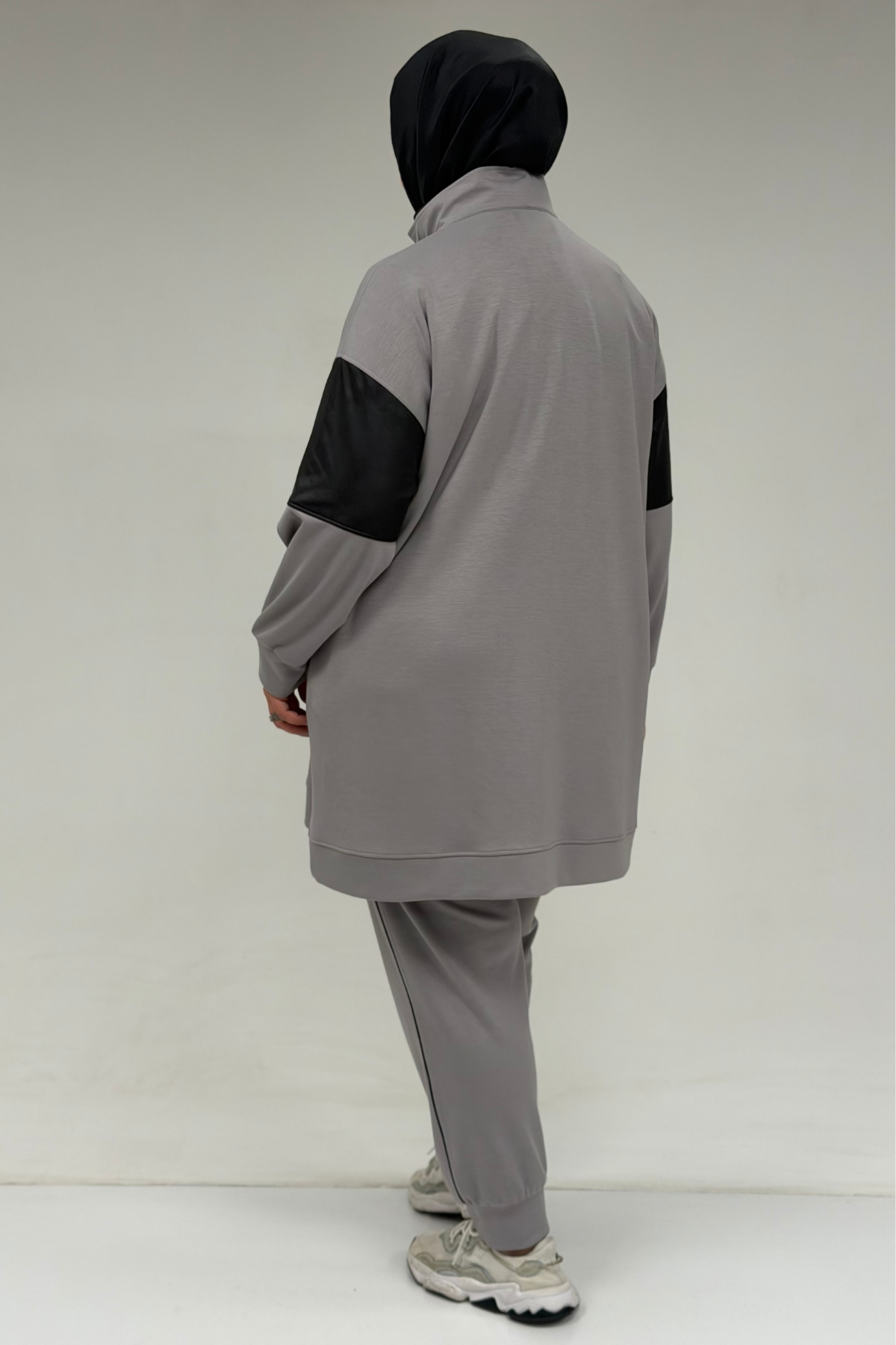 47098 Büyük Beden Waterport Garnili Modal Pantolonlu Takım - Gri