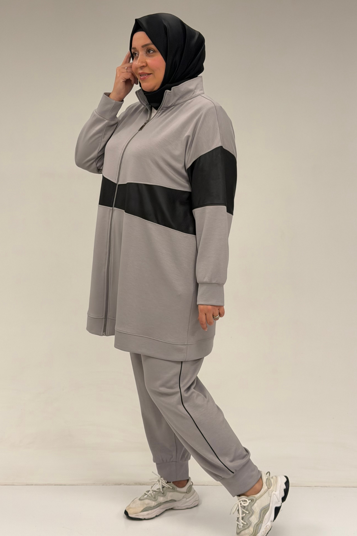 47098 Büyük Beden Waterport Garnili Modal Pantolonlu Takım - Gri