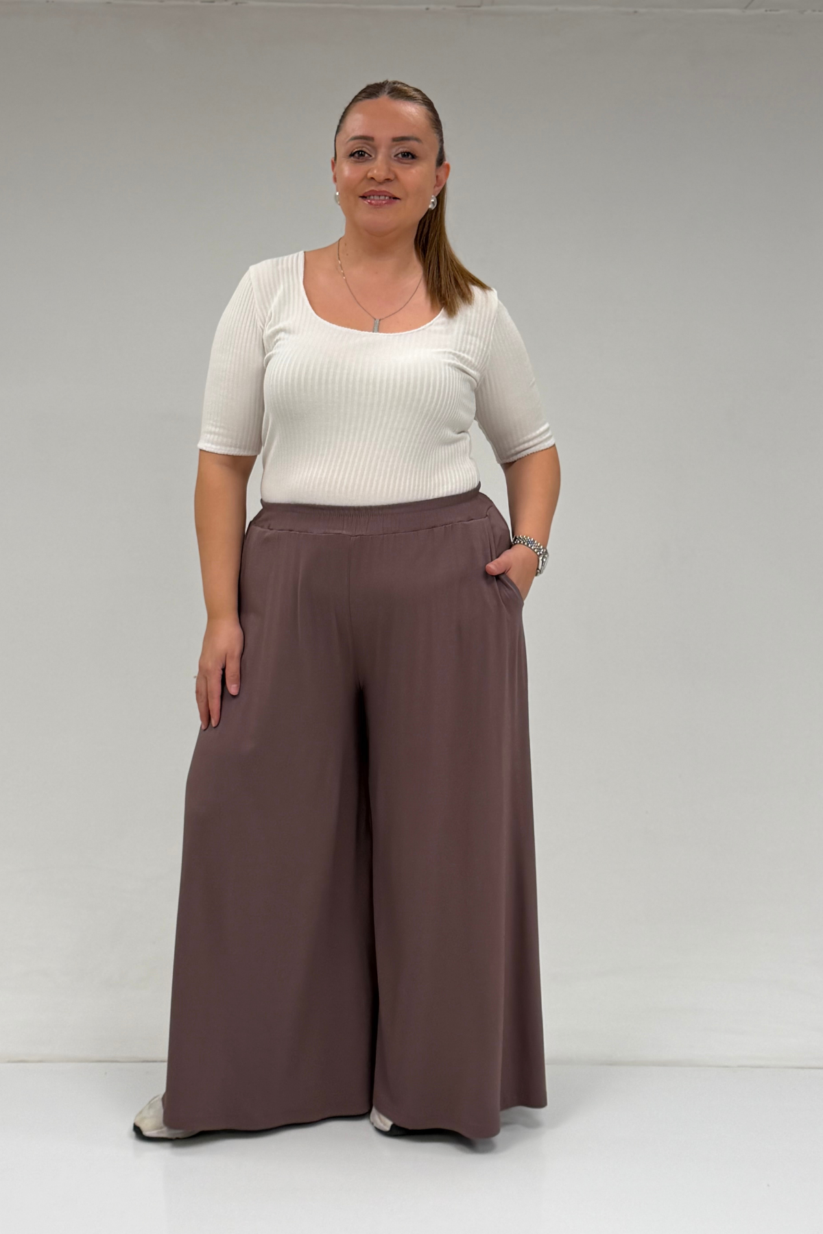 49003 Büyük Beden Beli Lastikli Penye Etek Pantolon - Vizon