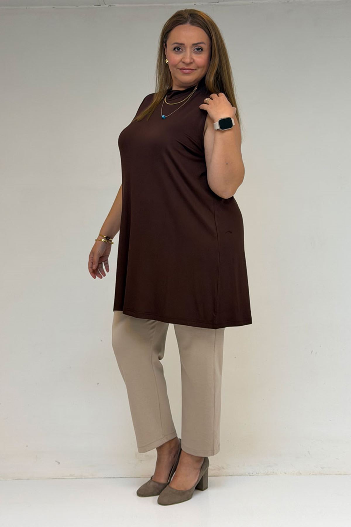 58501 Büyük Beden Hakim Yakalı Penye İçlik - Kahve