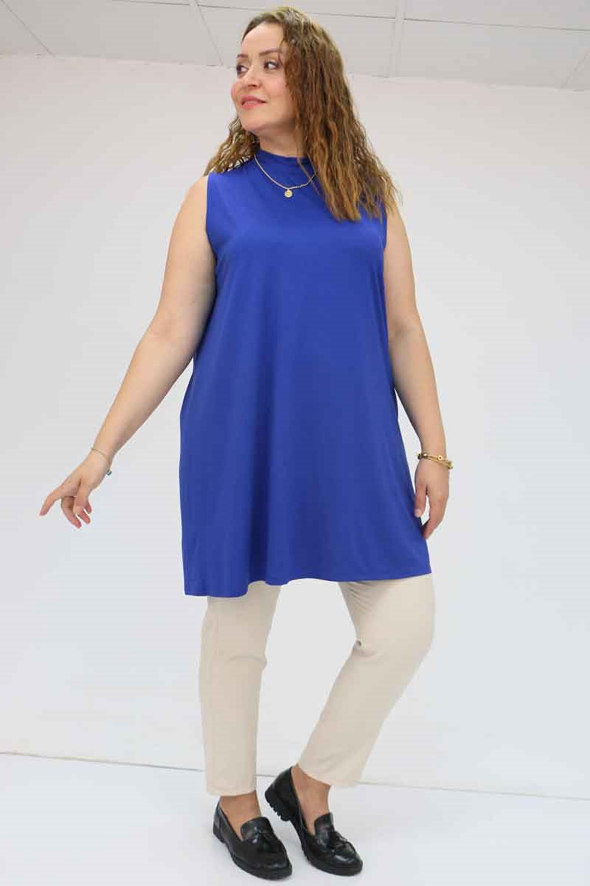 58501 Büyük Beden Hakim Yakalı Penye İçlik - İndigo