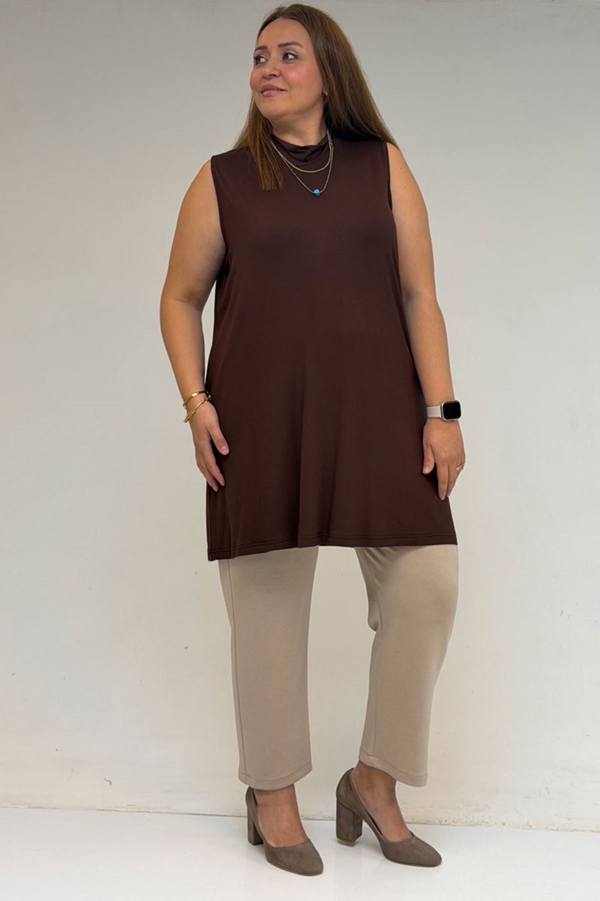 58501 Büyük Beden Hakim Yakalı Penye İçlik - Kahve