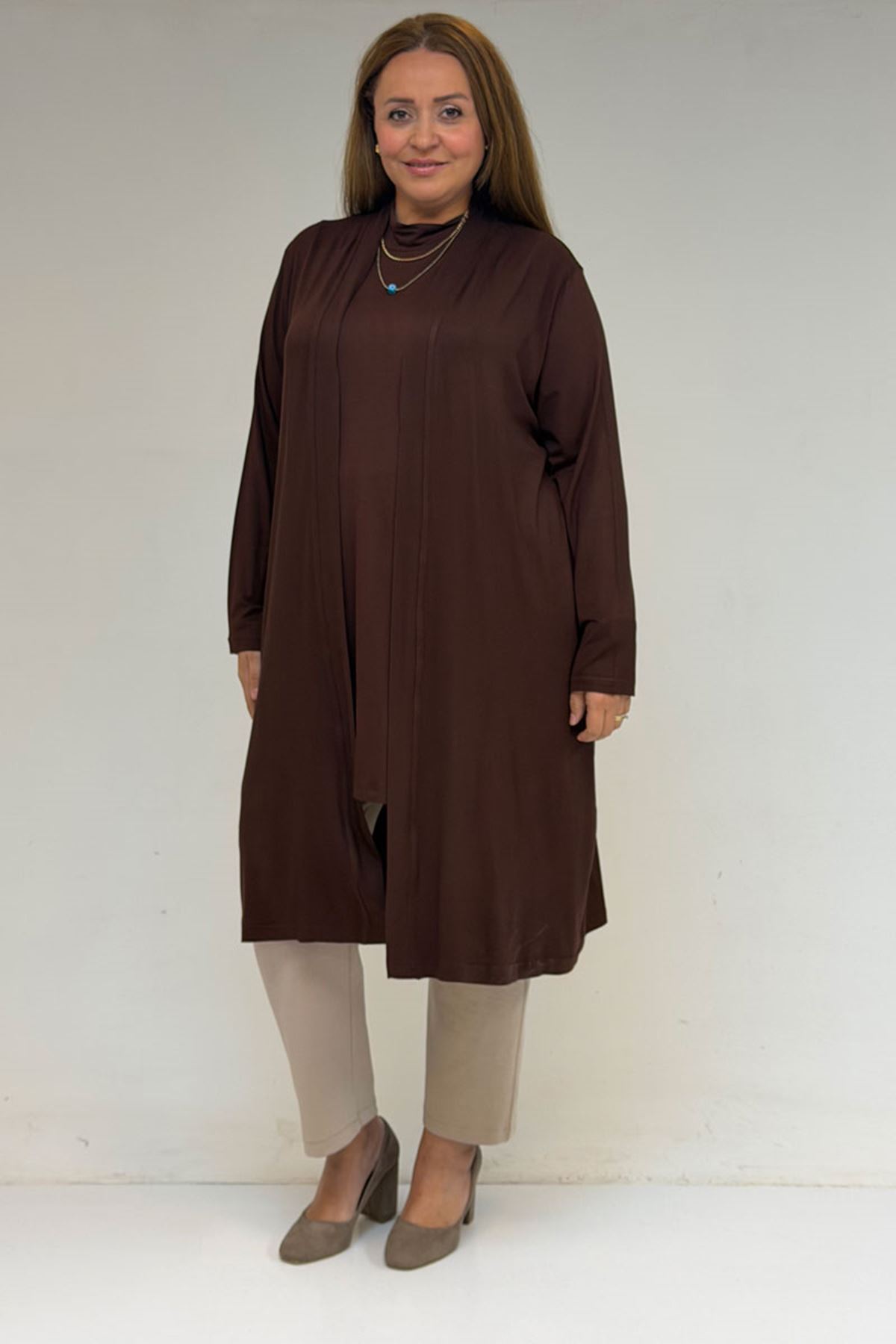 58501 Büyük Beden Hakim Yakalı Penye İçlik - Kahve