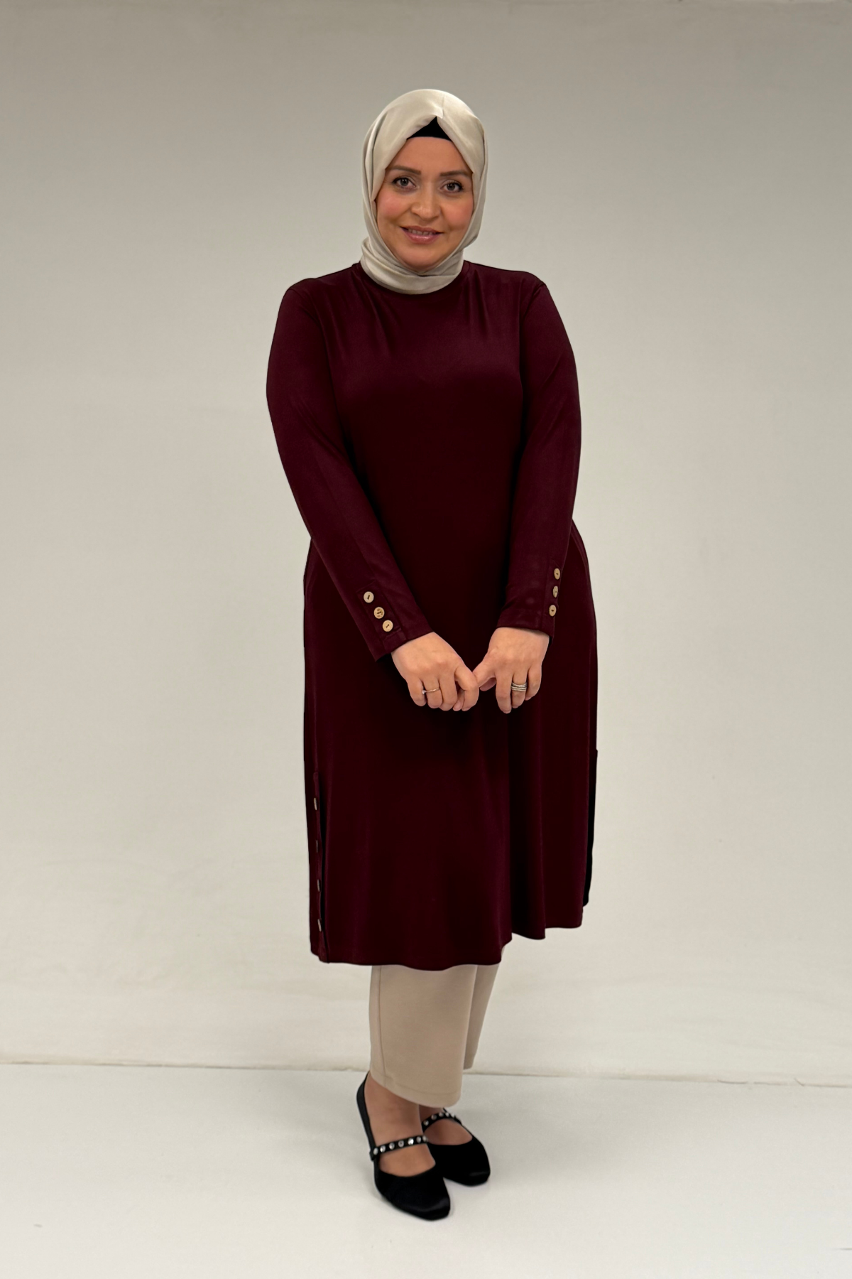 38015  Büyük Beden Düğme Detaylı Penye Tunik - Bordo