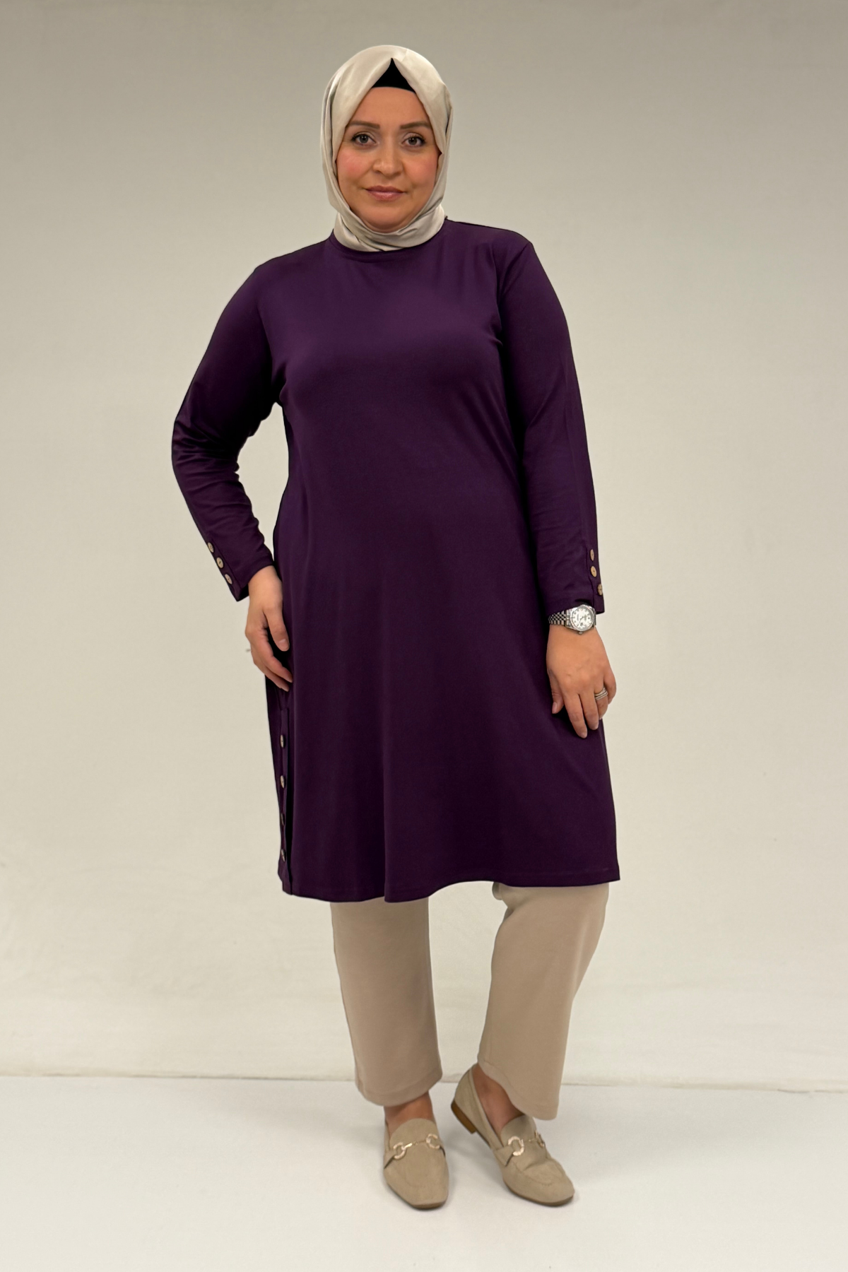 38015  Büyük Beden Düğme Detaylı Penye Tunik -Mor