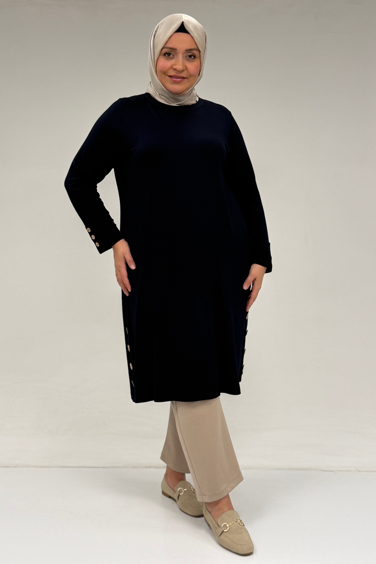 38015  Büyük Beden Düğme Detaylı Penye Tunik - Lacivert