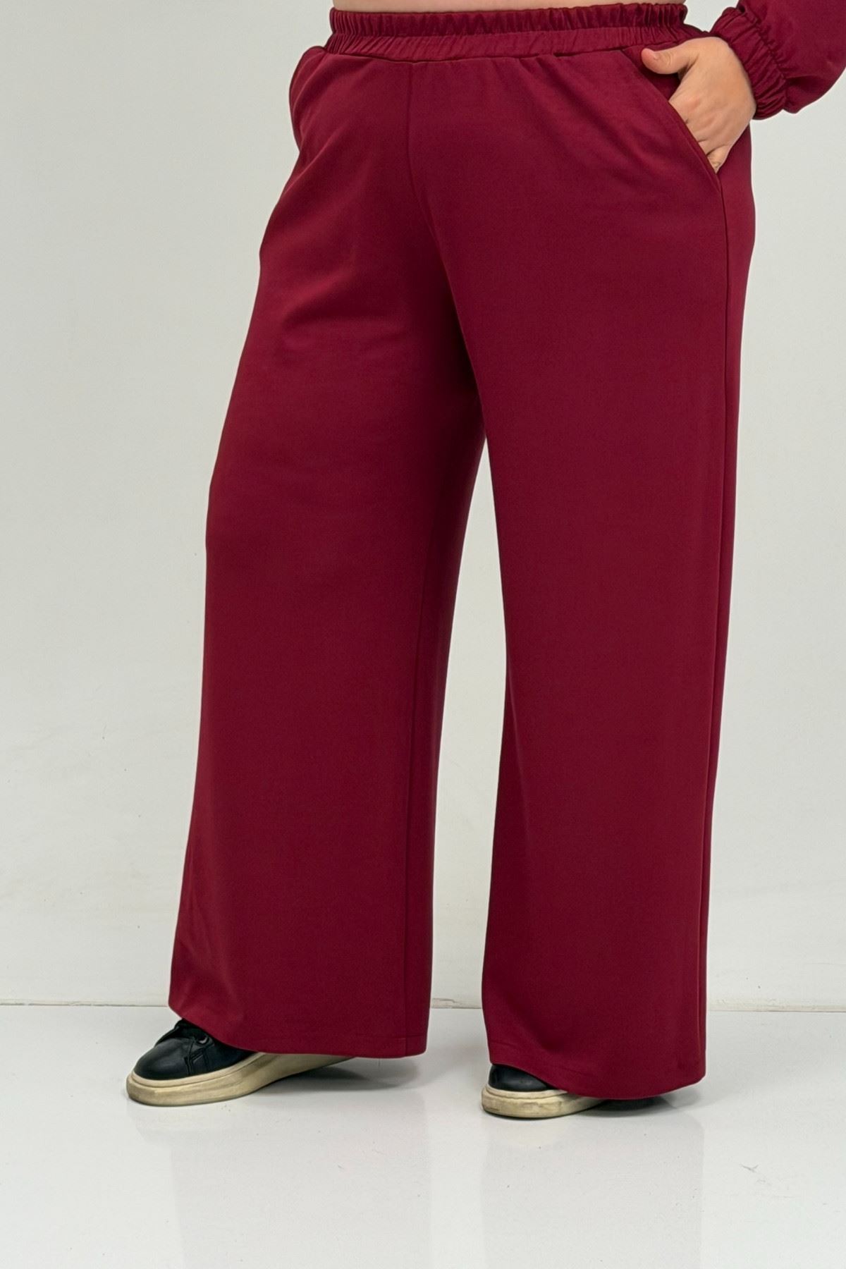 47089 Büyük Beden Yarım Patlı Kapşonlu Pantolonlu Modal Takım - Bordo