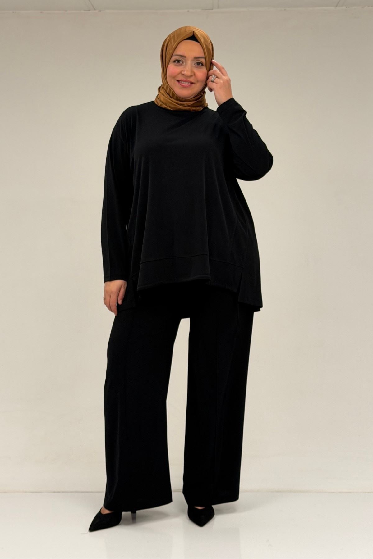 67033 Büyük Beden  Etek Ucu Parçalı Sandy Pantolonlu Takım - Siyah