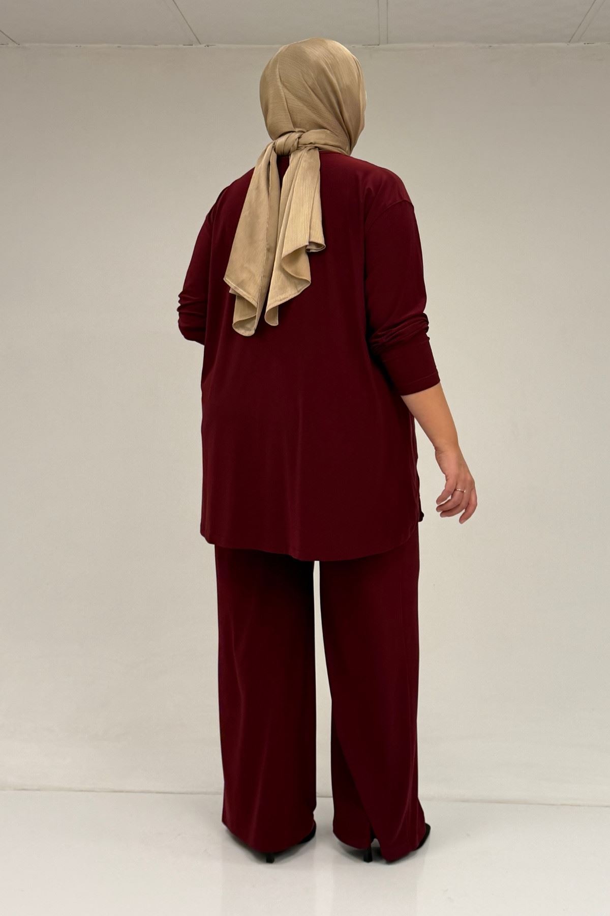 67033 Büyük Beden  Etek Ucu Parçalı Sandy Pantolonlu Takım - Bordo