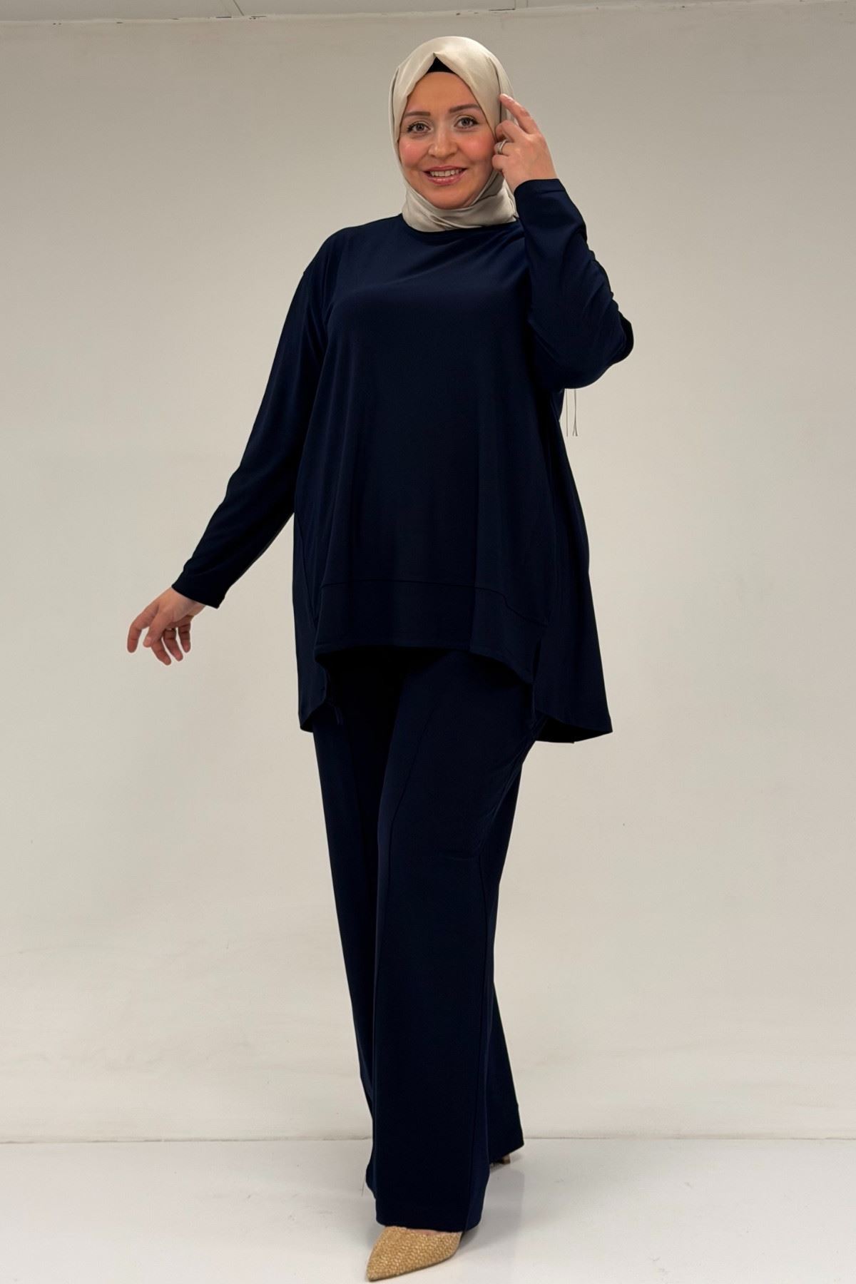 67033 Büyük Beden  Etek Ucu Parçalı Sandy Pantolonlu Takım - Lacivert