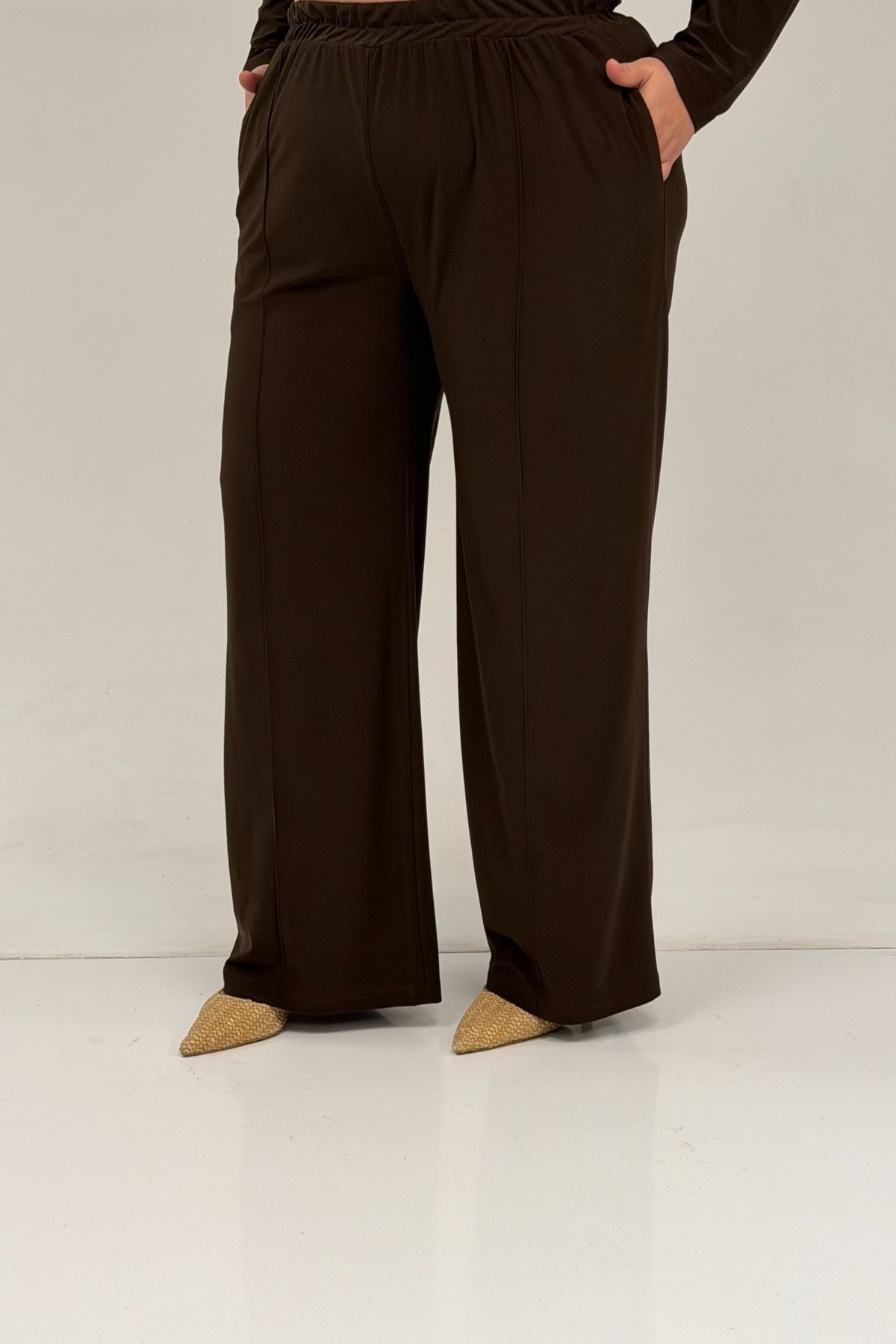 67033 Büyük Beden  Etek Ucu Parçalı Sandy Pantolonlu Takım - Kahve