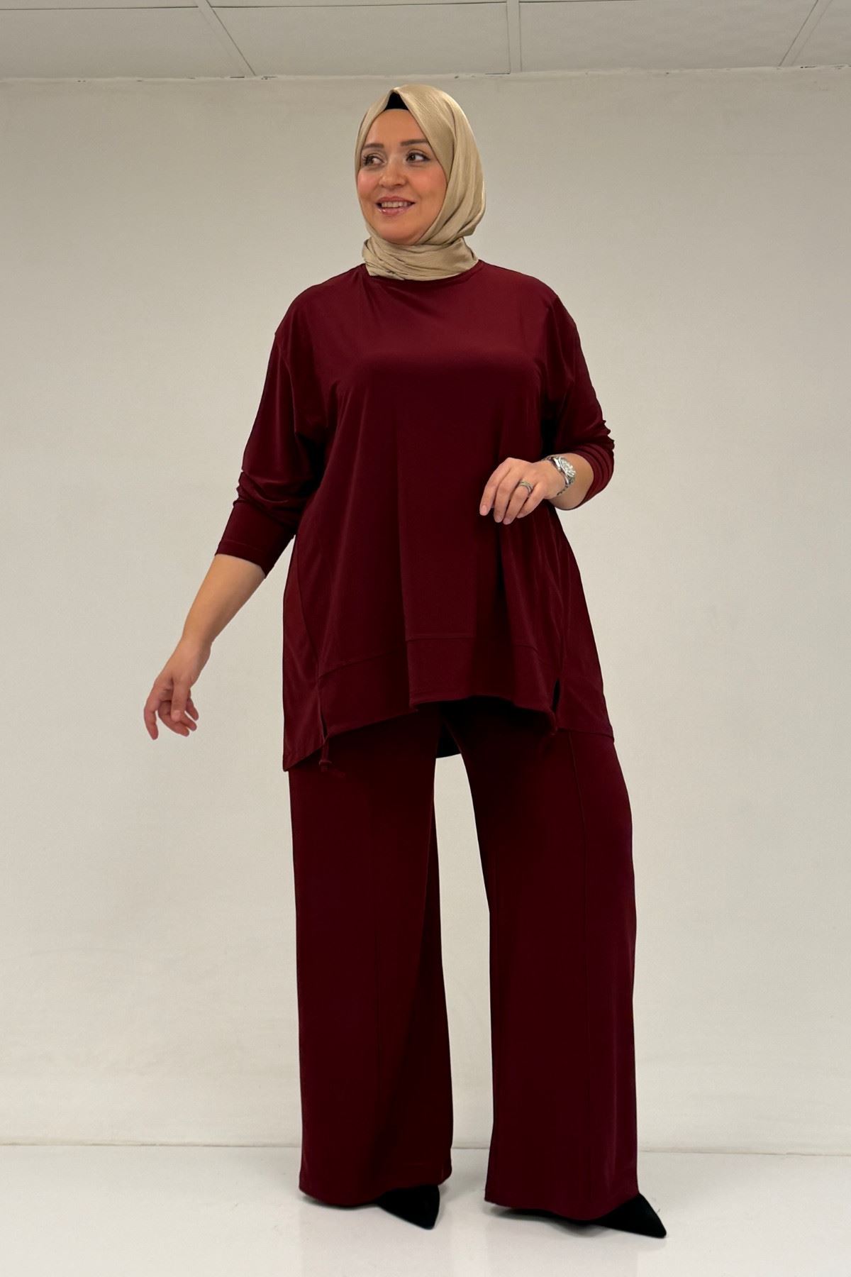 67033 Büyük Beden  Etek Ucu Parçalı Sandy Pantolonlu Takım - Bordo