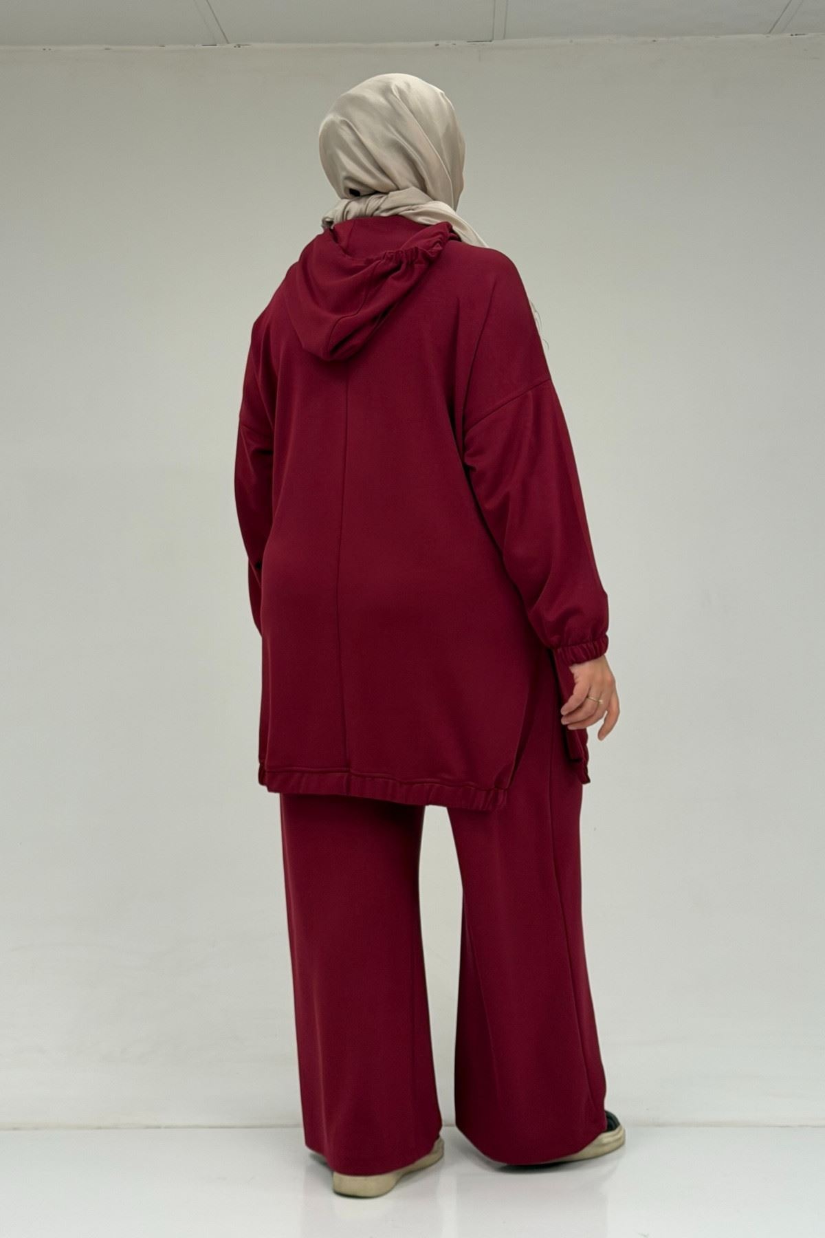47089 Büyük Beden Yarım Patlı Kapşonlu Pantolonlu Modal Takım - Bordo