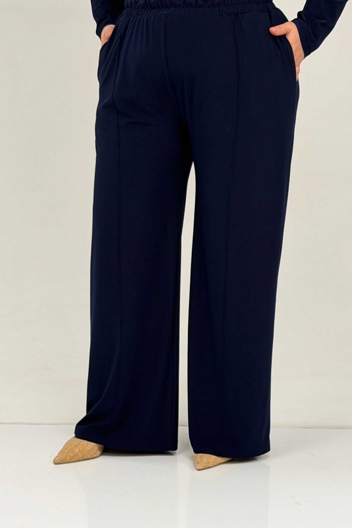 67033 Büyük Beden  Etek Ucu Parçalı Sandy Pantolonlu Takım - Lacivert