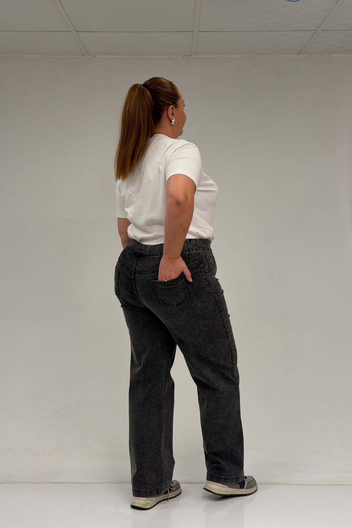 59036 Büyük Beden Beli Lastikli Cep Görünümlü Kot Pantolon - Siyah