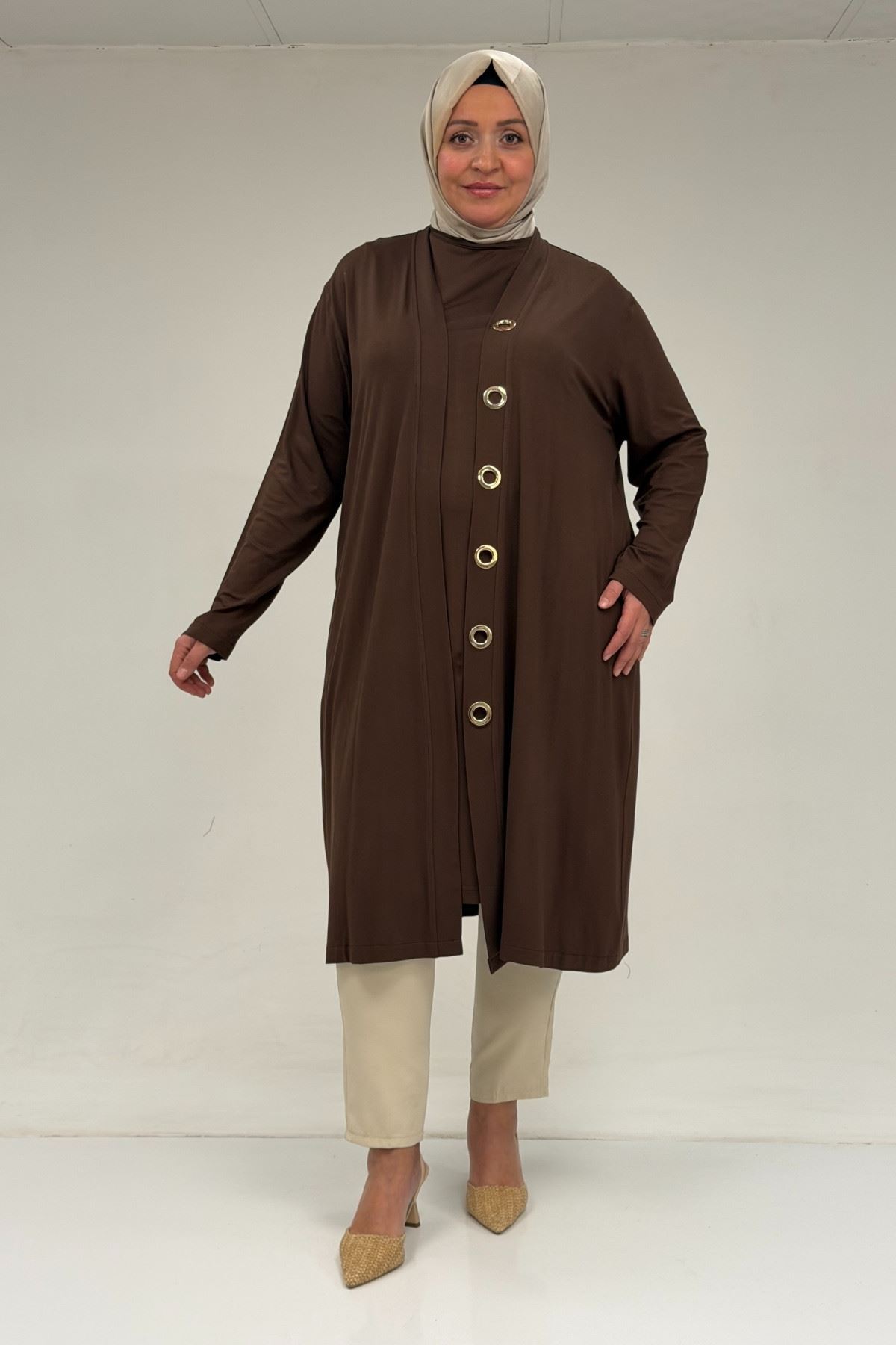 67032 Büyük Beden Kuşgözü Detaylı Penye İkili Takım - Kahve