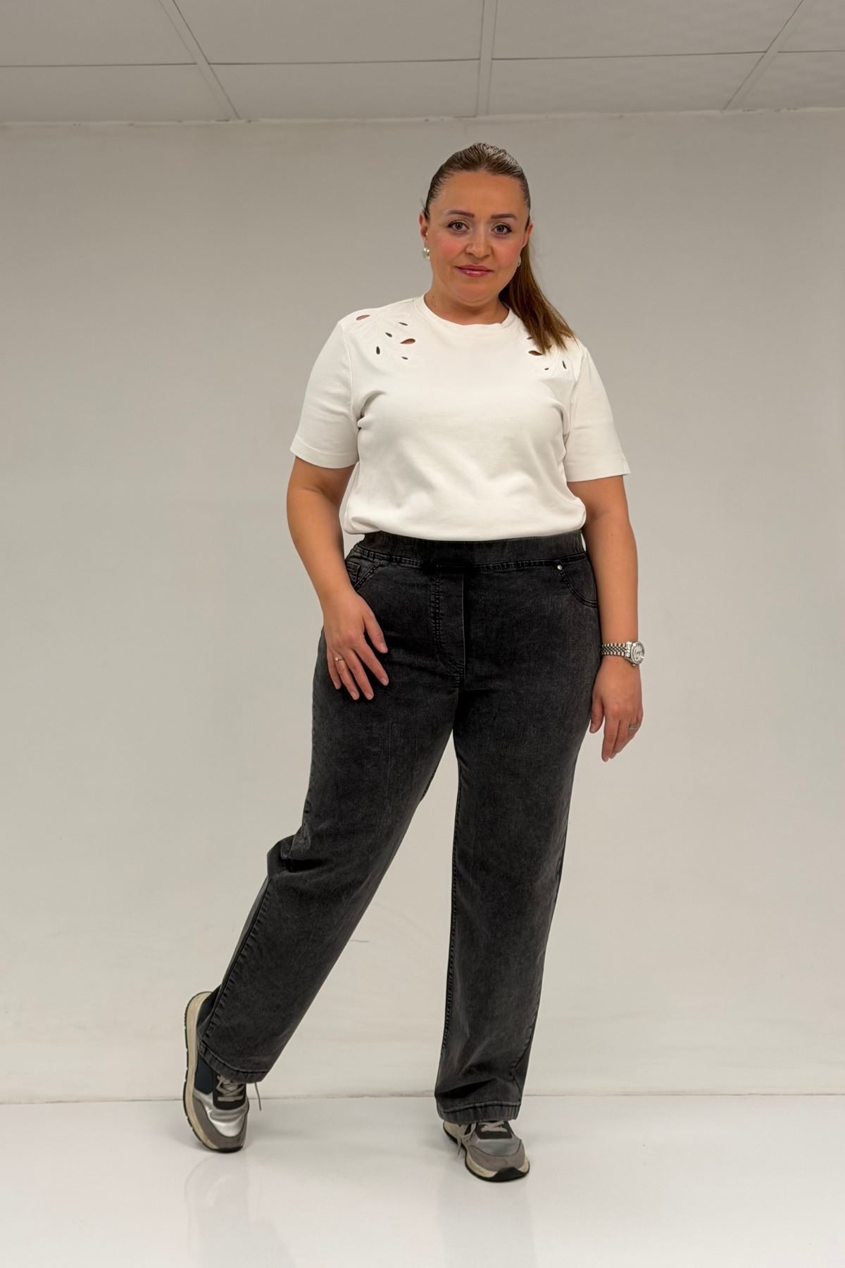 59036 Büyük Beden Beli Lastikli Cep Görünümlü Kot Pantolon - Siyah