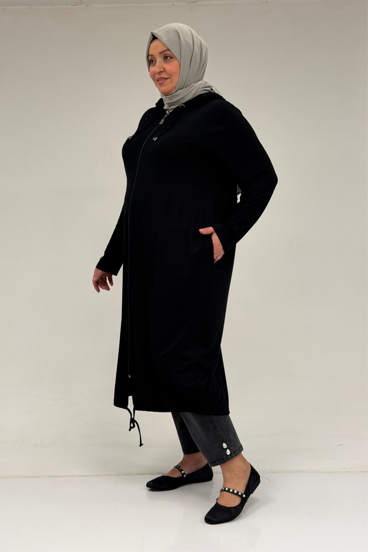 33008 Büyük Beden Fermuarlı Penye Kap - Siyah