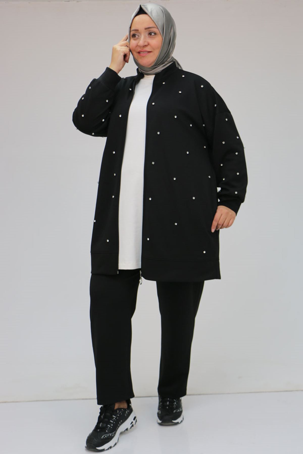 47070 Büyük Beden Önü Taş Detaylı Modal Pantolonlu Takım - Siyah