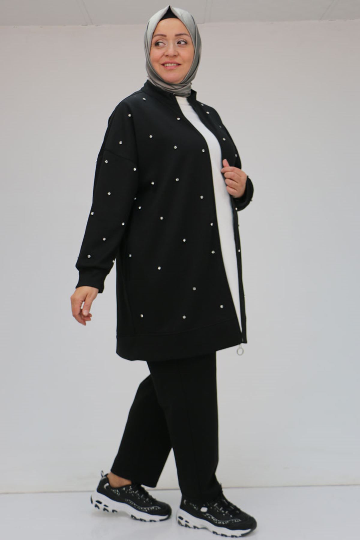 47070 Büyük Beden Önü Taş Detaylı Modal Pantolonlu Takım - Siyah