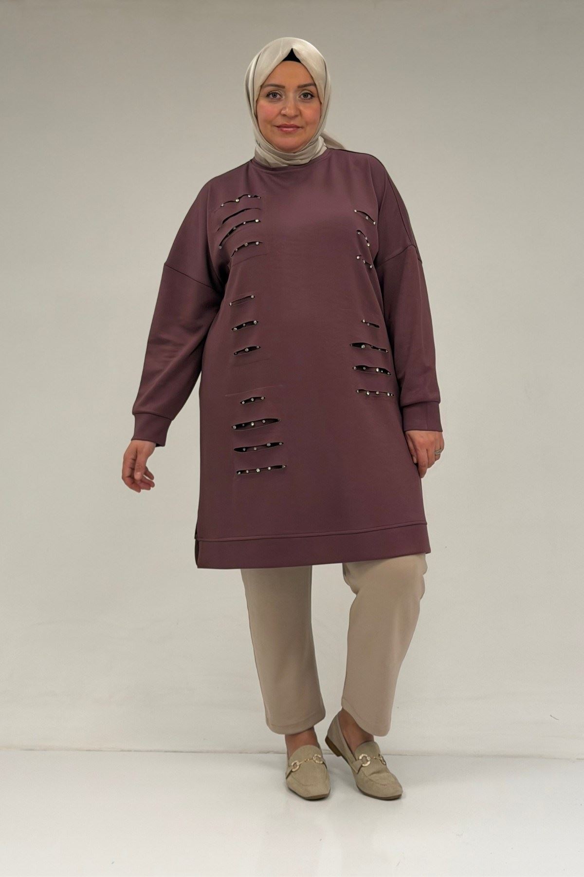 48089 Büyük Beden Beyoğlu Taşlı Modal Tunik - Gül Kurusu