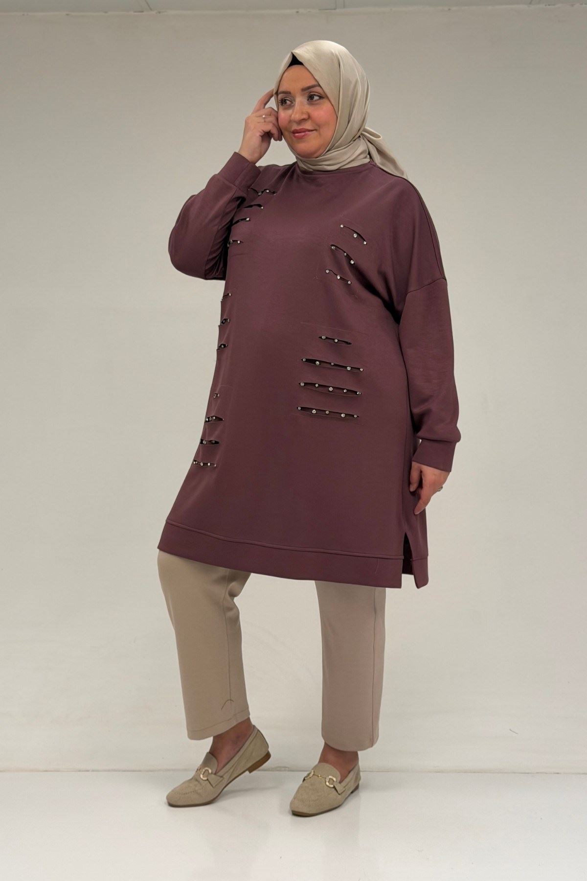 48089 Büyük Beden Beyoğlu Taşlı Modal Tunik - Gül Kurusu