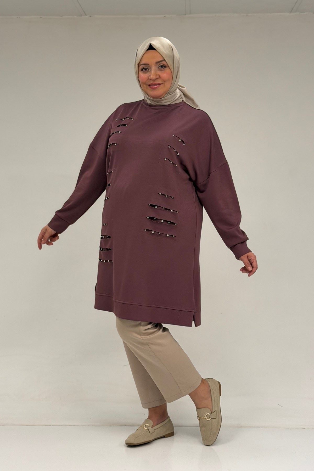 48089 Büyük Beden Beyoğlu Taşlı Modal Tunik - Gül Kurusu