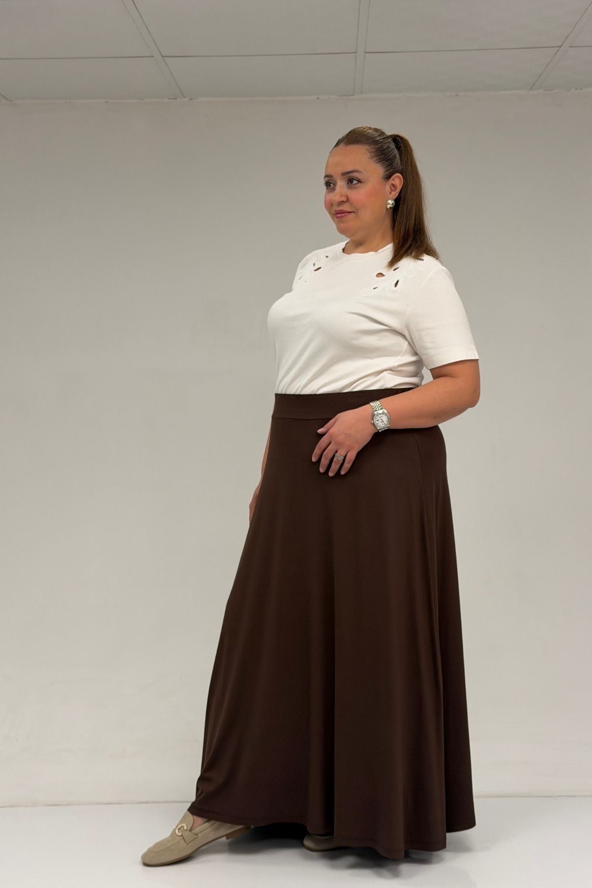 65001 Büyük Beden Basic Penye Etek - Kahve