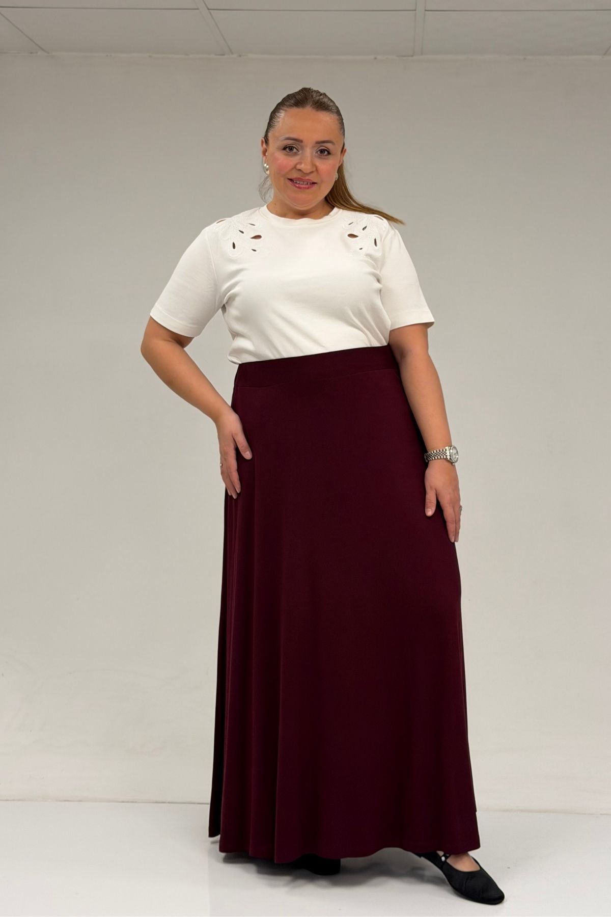 65001 Büyük Beden Basic Penye Etek - Bordo