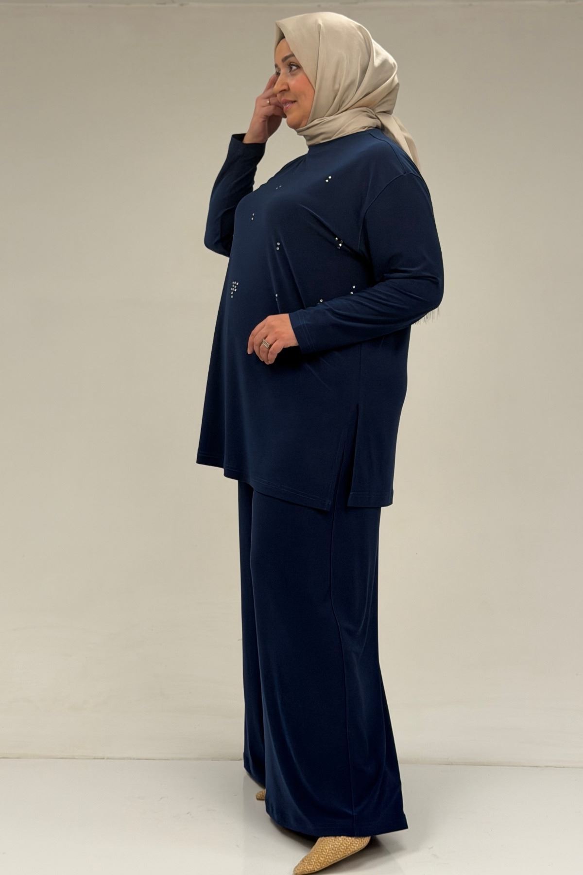 67030 Büyük Beden Yanı Yırtmaçlı Sandy Pantolonlu Takım - İndigo