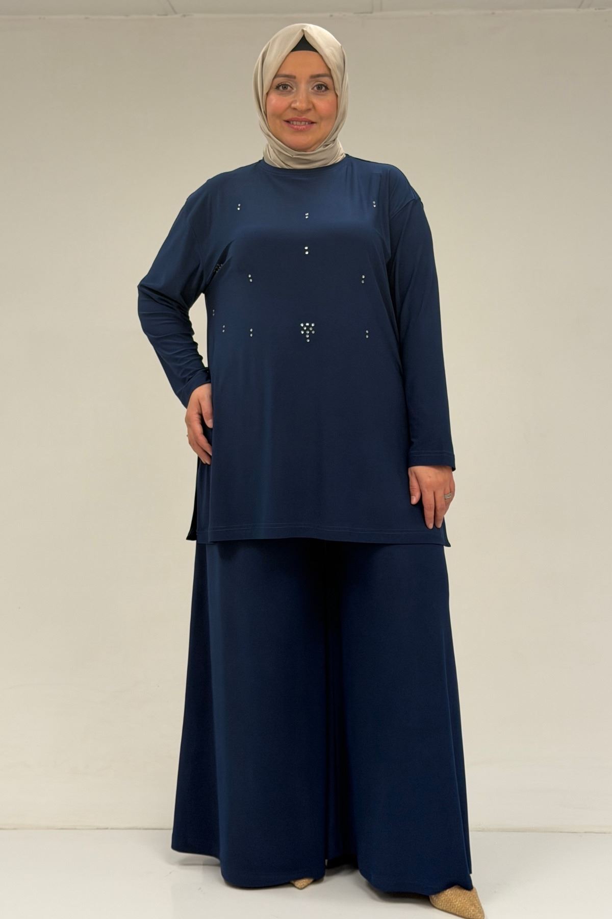 67030 Büyük Beden Yanı Yırtmaçlı Sandy Pantolonlu Takım - İndigo