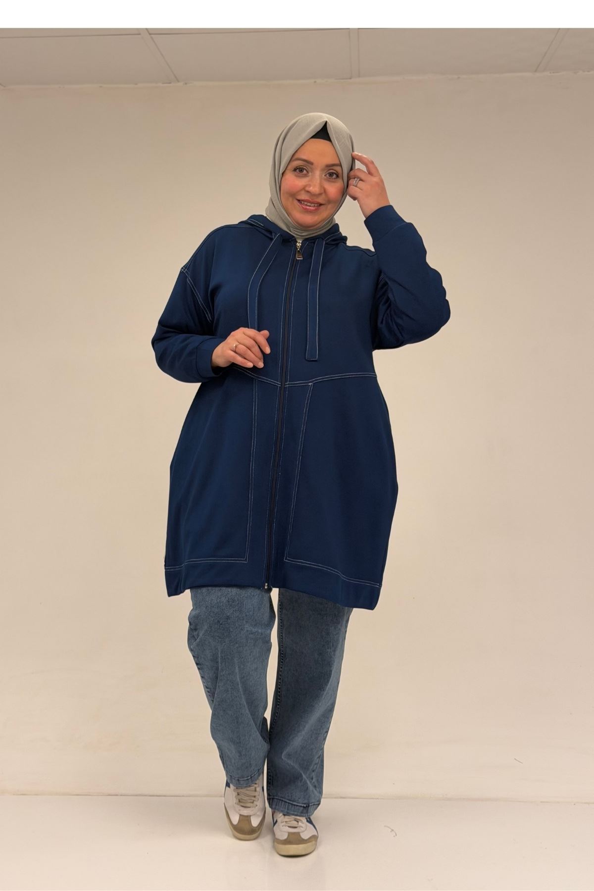 53075 Büyük Beden Dikiş Detaylı Fermuarlı Modal Ceket - İndigo