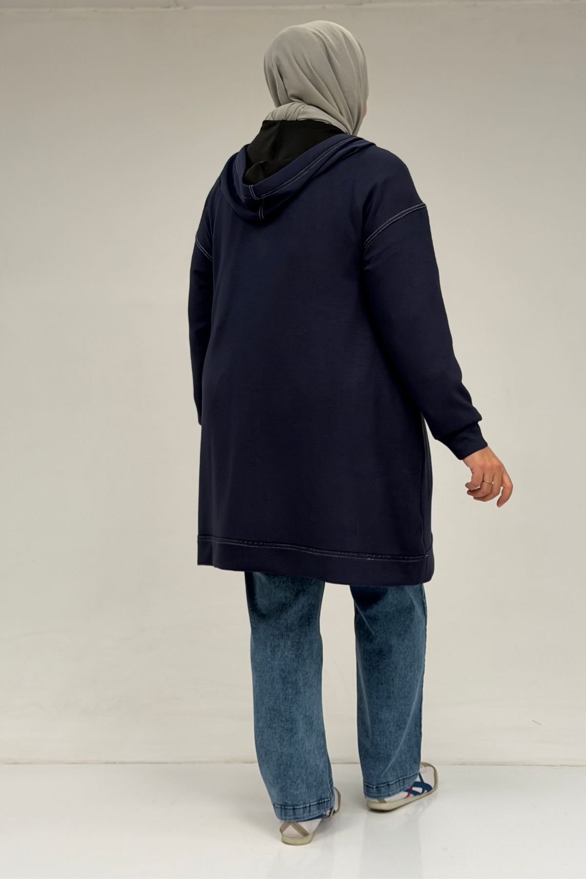 53075 Büyük Beden Dikiş Detaylı Fermuarlı Modal Ceket - Lacivert