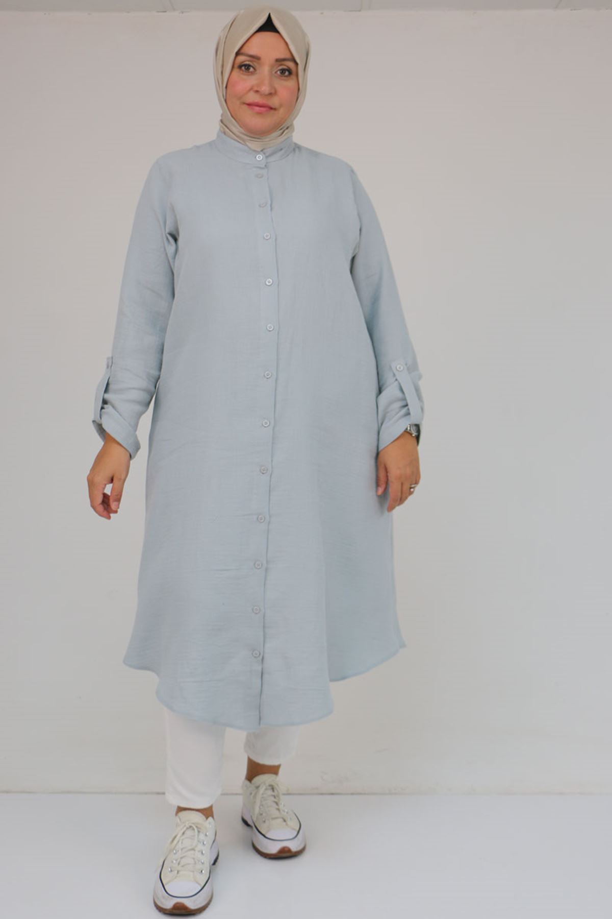 68013 Büyük Beden Tek Düğme Detaylı Müslin Gömlek - Gri