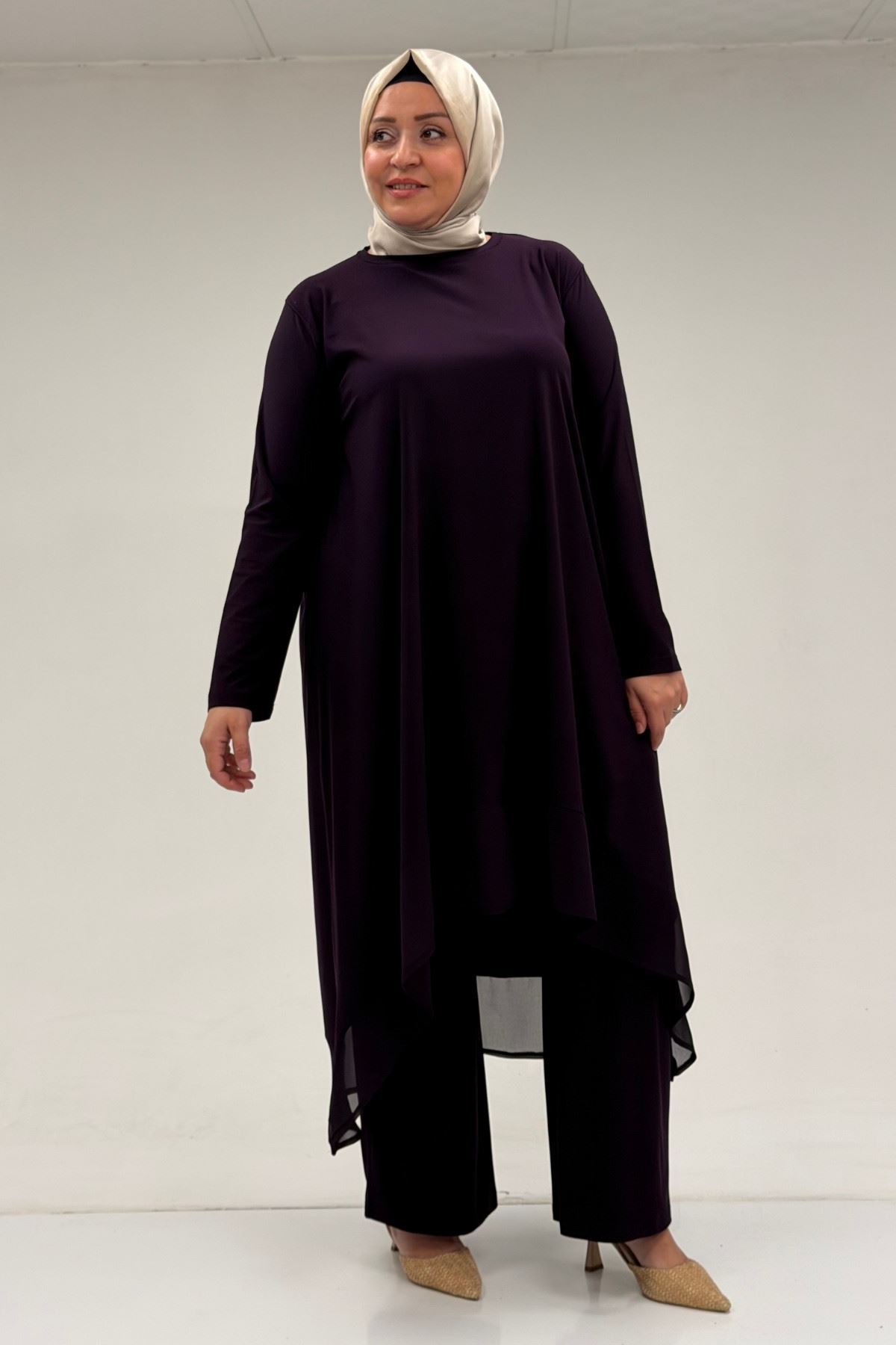 37017 Büyük Beden Sandy-Şifon Pantolonlu Takım-Mor