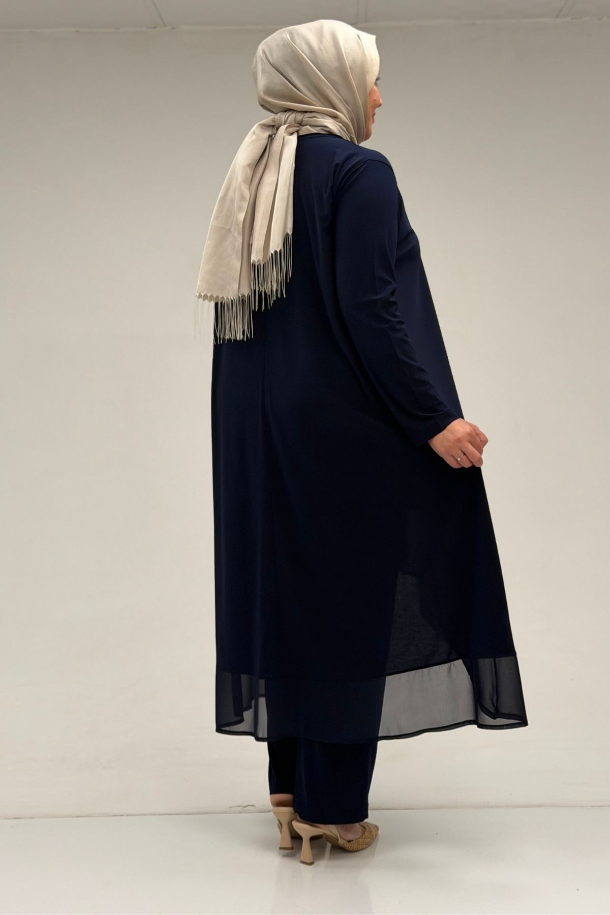 37017 Büyük Beden Sandy-Şifon Pantolonlu Takım - Lacivert