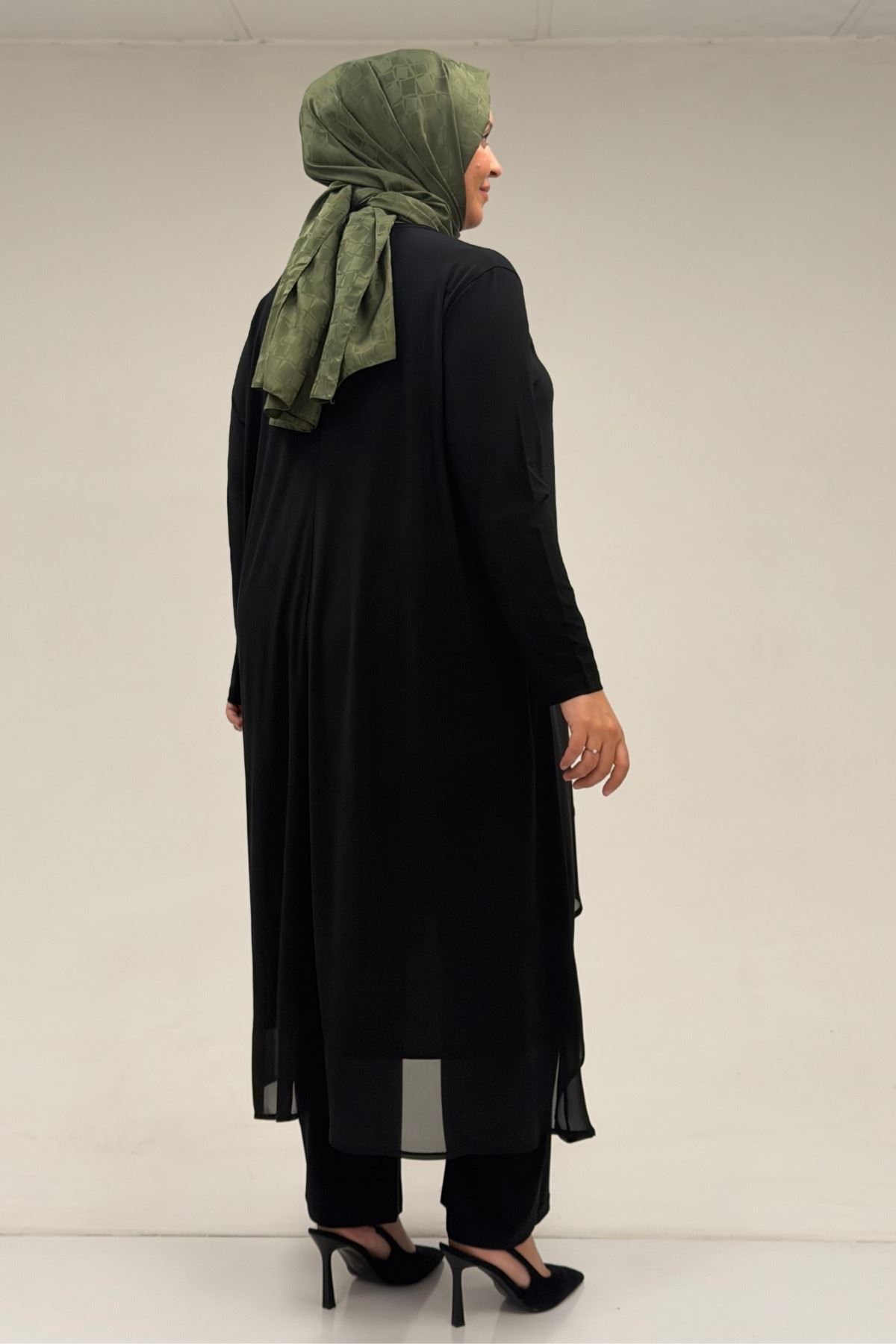 37017 Büyük Beden Sandy-Şifon Pantolonlu Takım - Siyah