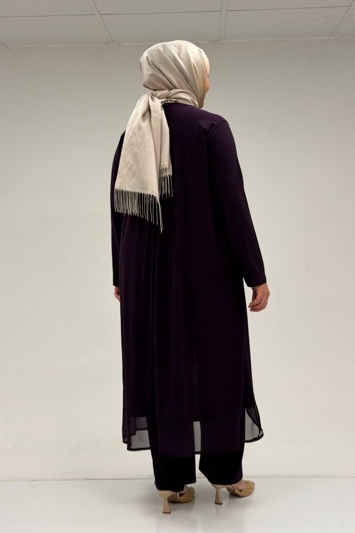 37017 Büyük Beden Sandy-Şifon Pantolonlu Takım-Mor