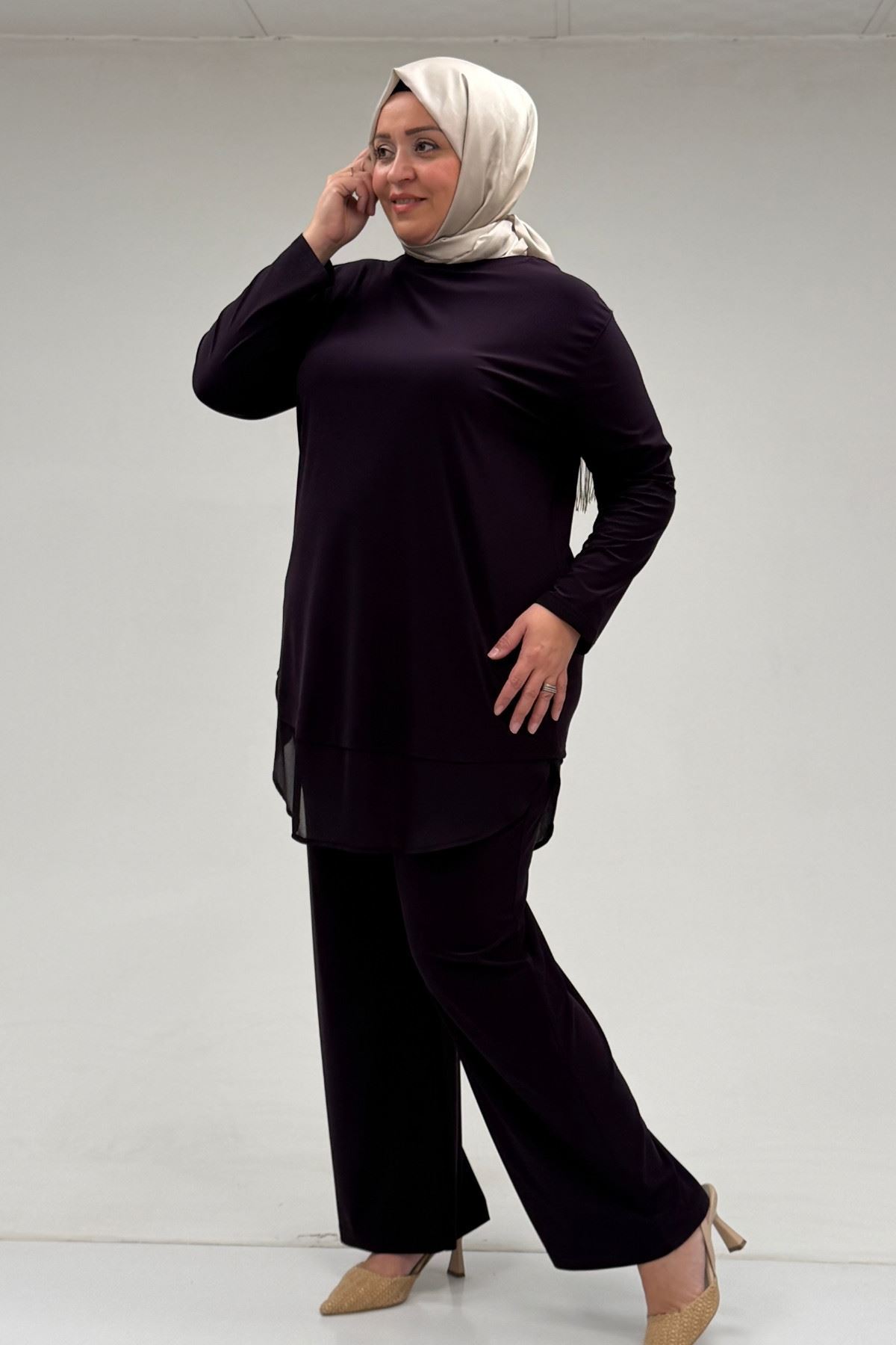 67009 Büyük Beden Etek Ucu Şifon Detaylı Sandy Pantolonlu Takım - Mor