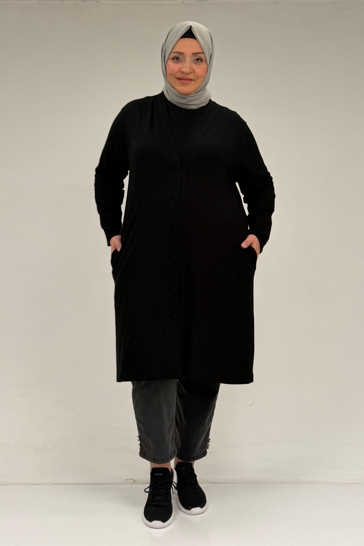 63005 Büyük Beden Kaplama Düğme Detaylı Penye Ceket - Siyah